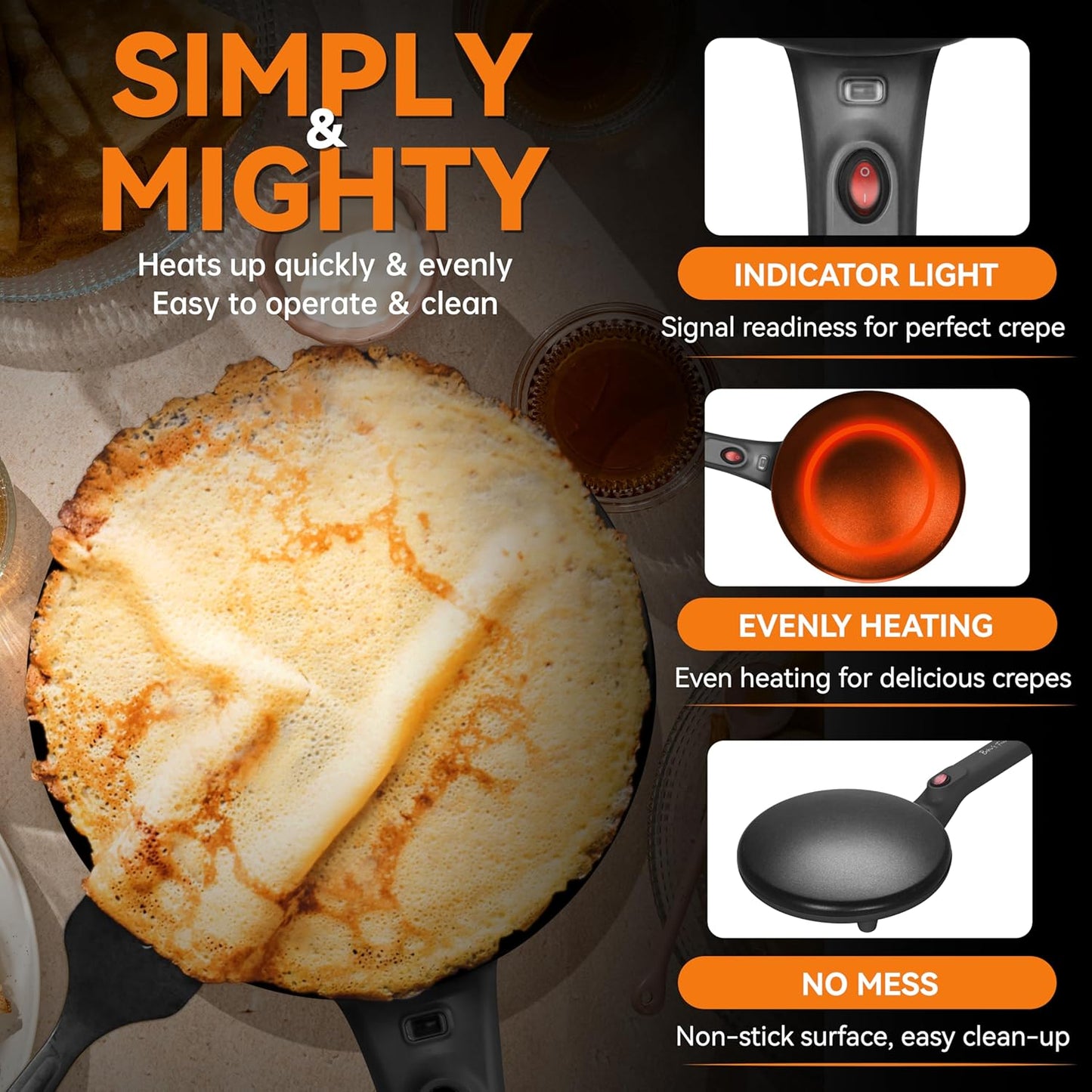 Baker's Friend Crepe Maker Machine with Auto Power Off, Portable Crepe Maker with Non Stick Dipping Plate, Automatic Temperature Control (Graphite)