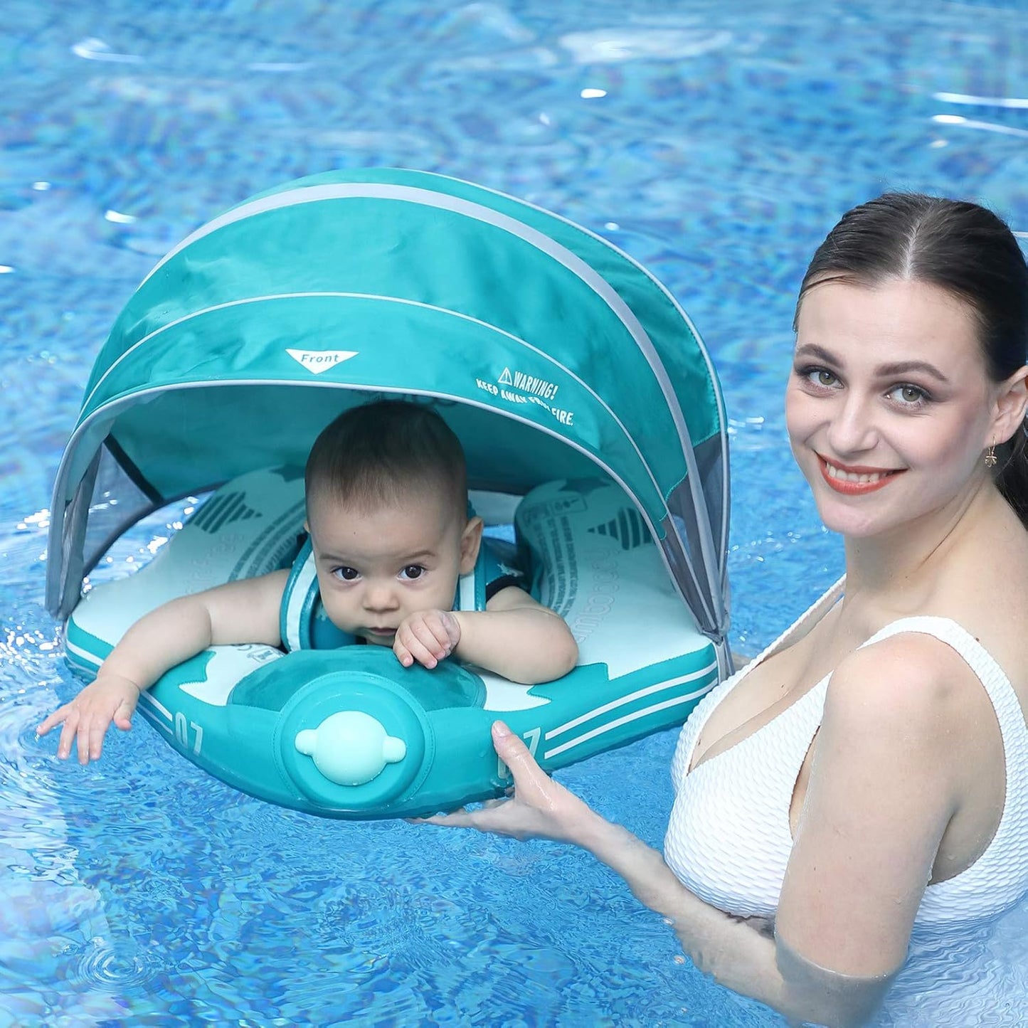 Mambobaby Baby Swim Float with Canopy, Non-Inflatable Solid Baby Float, Upgrade Soft Skin-Friendly Material Infant Swim Float