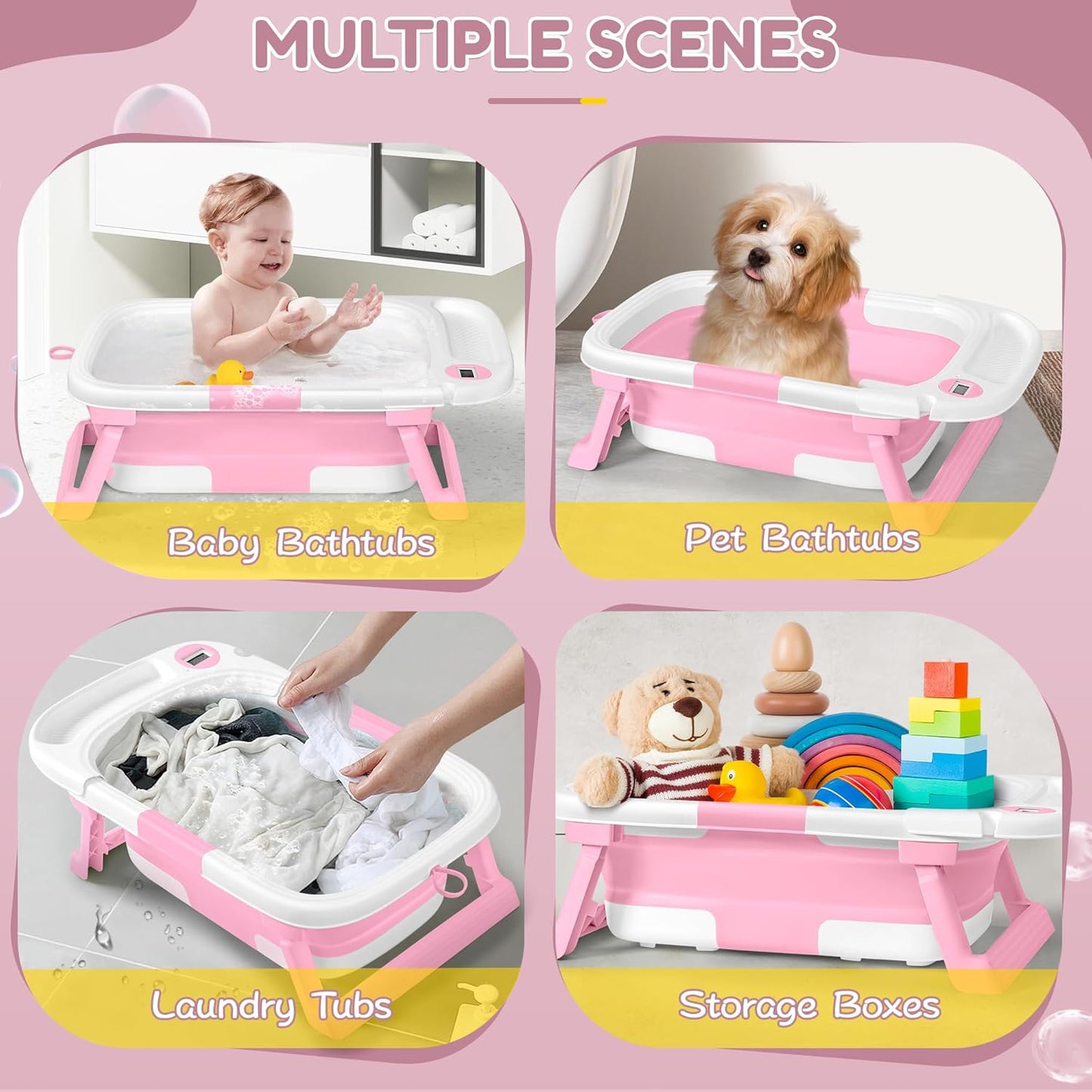 Collapsible Baby Bathtub,Baby Bath Tub with Thermometer & Soft Cushion,Baby Bathtub for Newborn to Toddler 0-36 Months,Portable Travel Baby Tub with No-Slip Feet,Baby Shower Gifts,Lavender