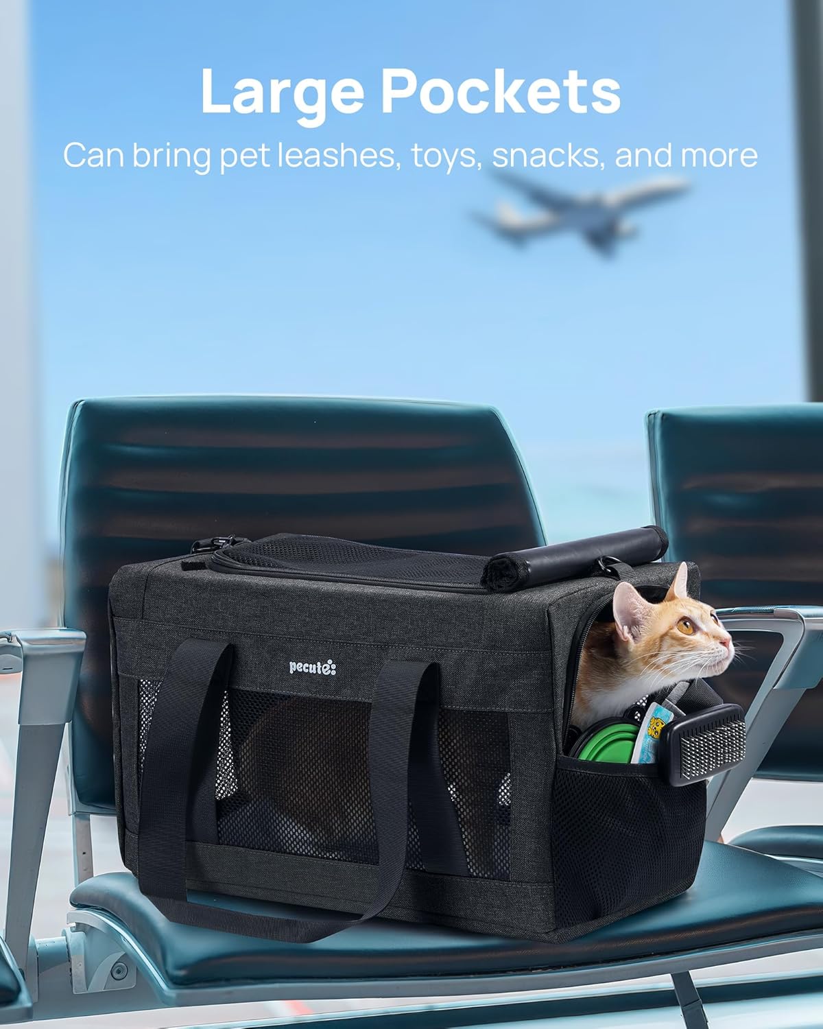 Pecute Cat Carrier Airline Approved, Thickened 5mm Steel Wire Frame, Stable Dog Carrier for Small Dogs, Breathable Foldable Pet Carrier with Sunshade, Suitable for Pets up to 5kg/11lbs (Dark Gray)