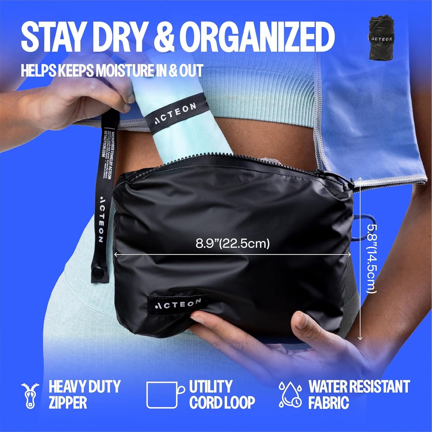 Acteon Microfiber Quick Dry Gym Towel, Silver ION Odor-Free Mega Absorbent Fiber Fast Drying Men Women Workout Gear for Body Sweat, Beach, Camping, Working Out Travel Towels