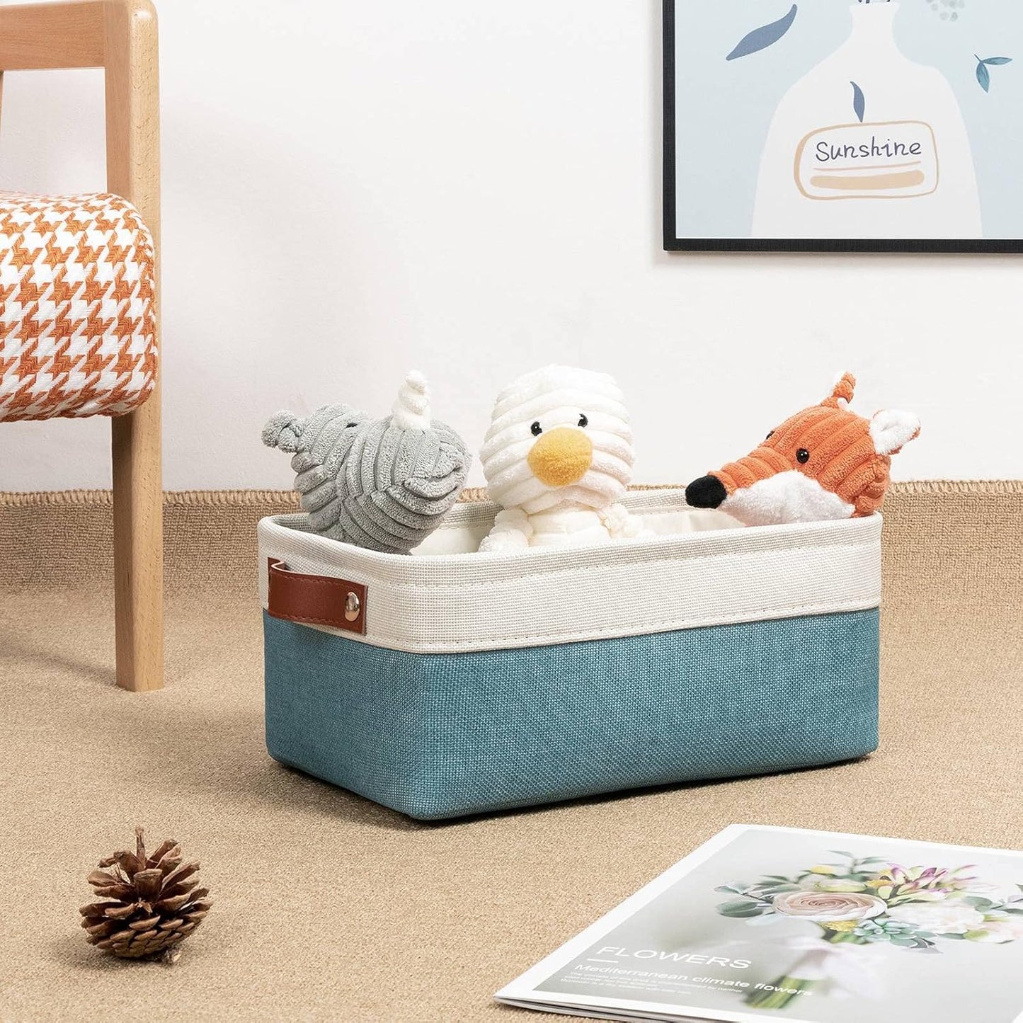DULLEMELO Storage Baskets for Shelves, Fabric Collapsible Rectangular Storage Bins for Shelves, Closets, Nursery, Home, Office, Empty Gift Baskets (White&Teal)