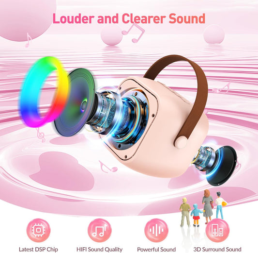 Mini Karaoke Machine for Kids Adults, Portable Bluetooth Speaker with 2 Wireless Microphone, Birthday Gifts for Girls Boys Ages 4, 5, 6, 7, 8, 9, 10, 12+ Years Old (Pinkcolor) - PuriLite