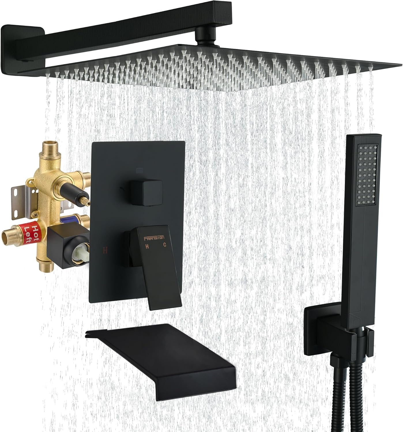Fransiton Shower System Rain Shower System Set Ceiling Mounted, Rainfall Shower Head with Handheld, Bathroom Shower Kit (Valve Included) (8" - Wall Mount, Matte Black)