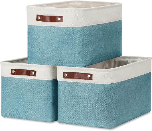 DULLEMELO Storage Baskets for Shelves, Fabric Collapsible Rectangular Storage Bins for Shelves, Closets, Nursery, Home, Office, Empty Gift Baskets (White&Teal)