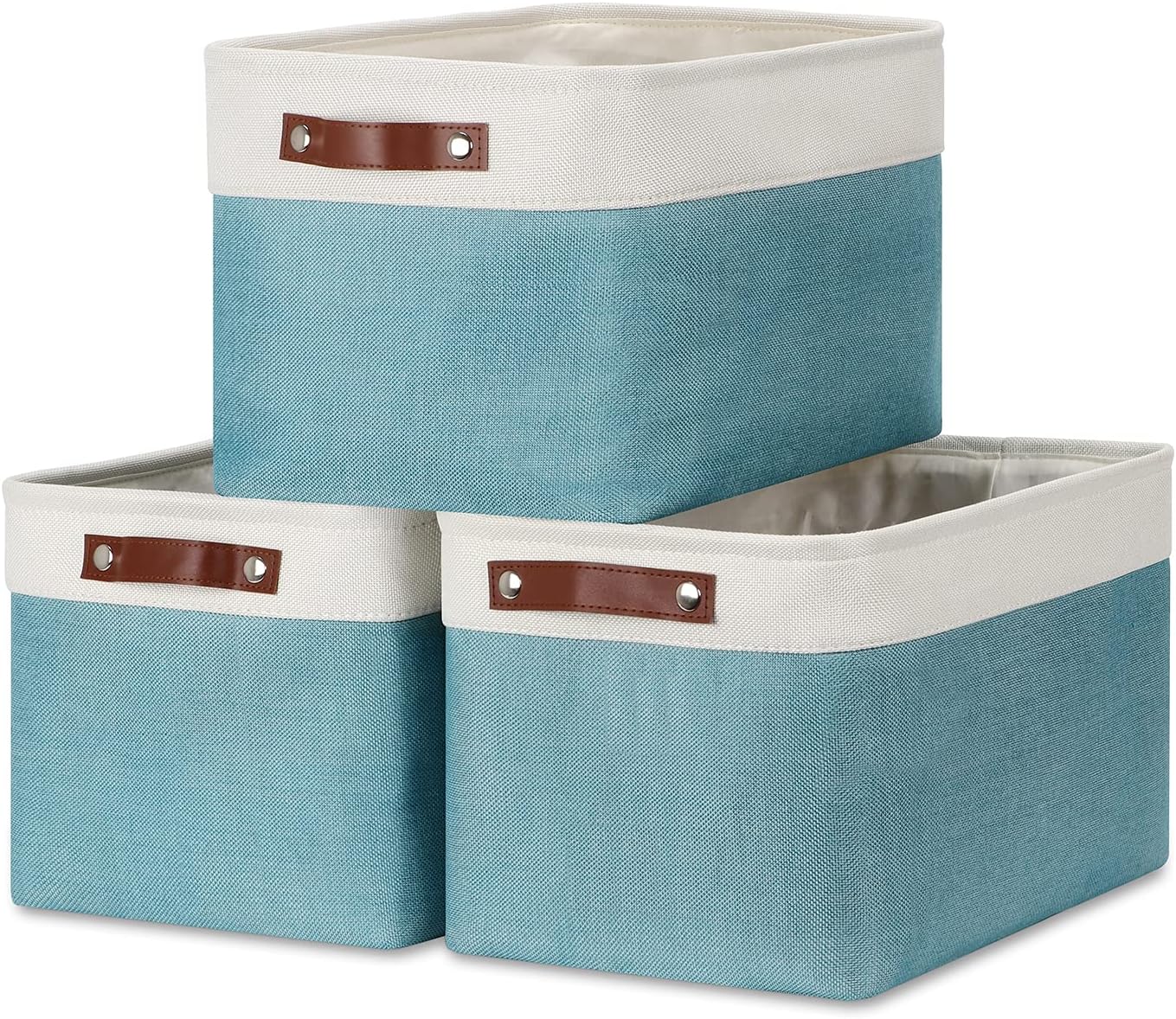 DULLEMELO Storage Baskets for Shelves, Fabric Collapsible Rectangular Storage Bins for Shelves, Closets, Nursery, Home, Office, Empty Gift Baskets (White&Teal)