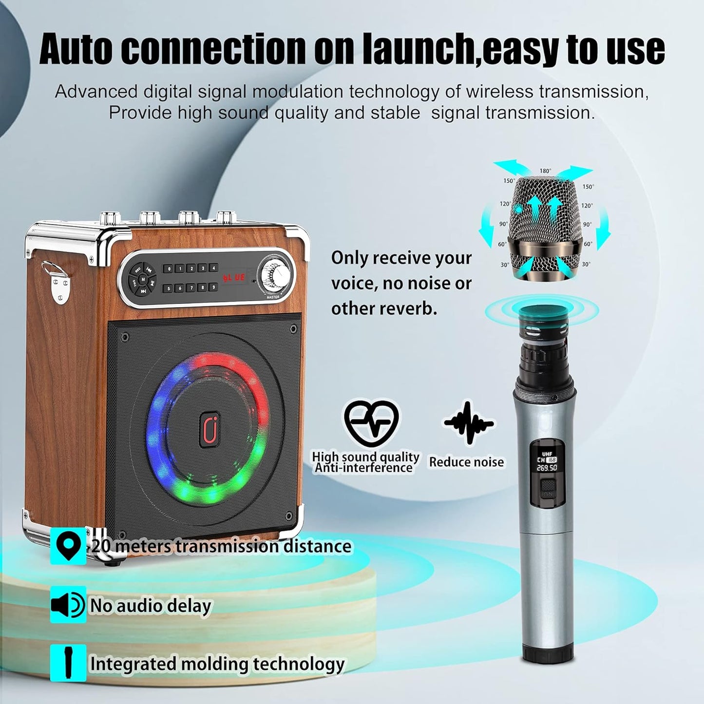 JYX Karaoke Machine with Two Wireless Microphones, Portable Bluetooth Speaker with Bass/Treble Adjustment, Remote Control and LED Lights, Supports TF Card/USB, AUX in, FM, REC for Party