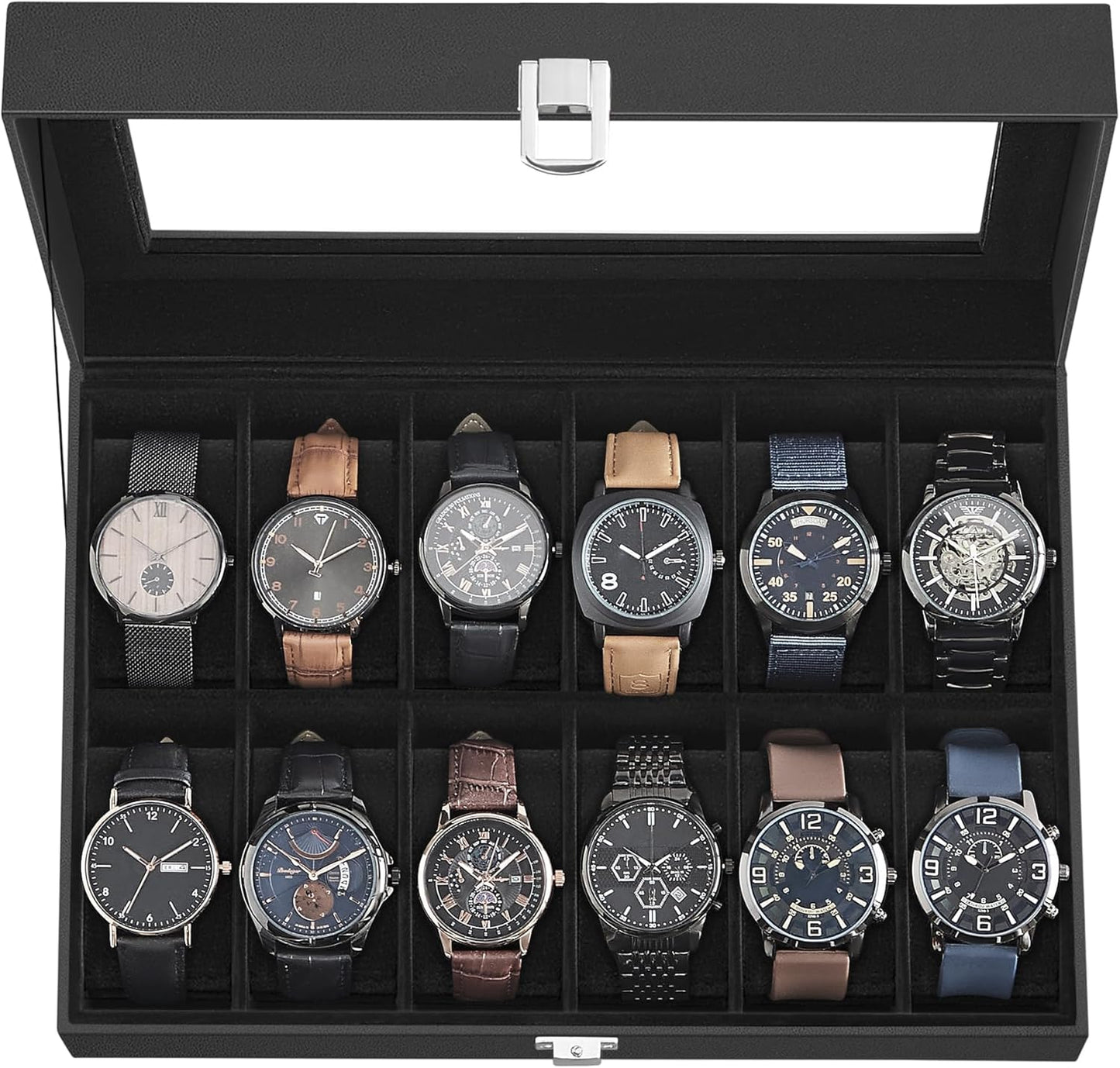 SONGMICS Watch Box, 6-Slot Watch Case, Watch Box Organizer, Black Synthetic Leather, Greenish Gray Lining UJWB06BK
