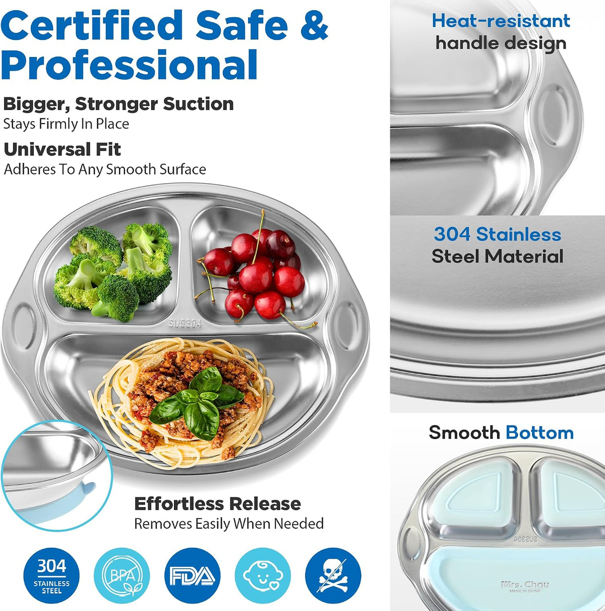 BPA-Free 100% Food-Grade Stainless Steel Baby Plates with Suction Divided Designed for Babies and Toddlers, Ideal for Kids Infant Baby-Led Weaning Toddler Feeding Supplies Dishwasher Safe