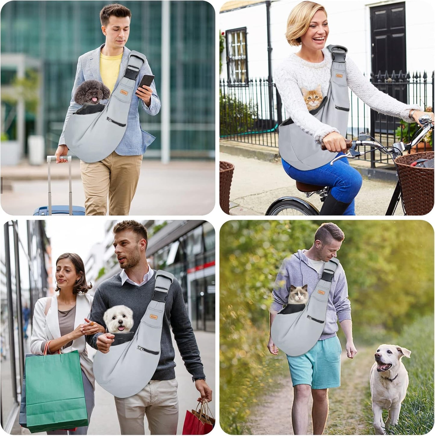 Cuby Adjustable Dog Cat Sling Padded Hard Bottom Pet Carrier Sling Soft Carrying Puppy Bag for Small Dogs Cats Outdoor Travel (Grayish-White)