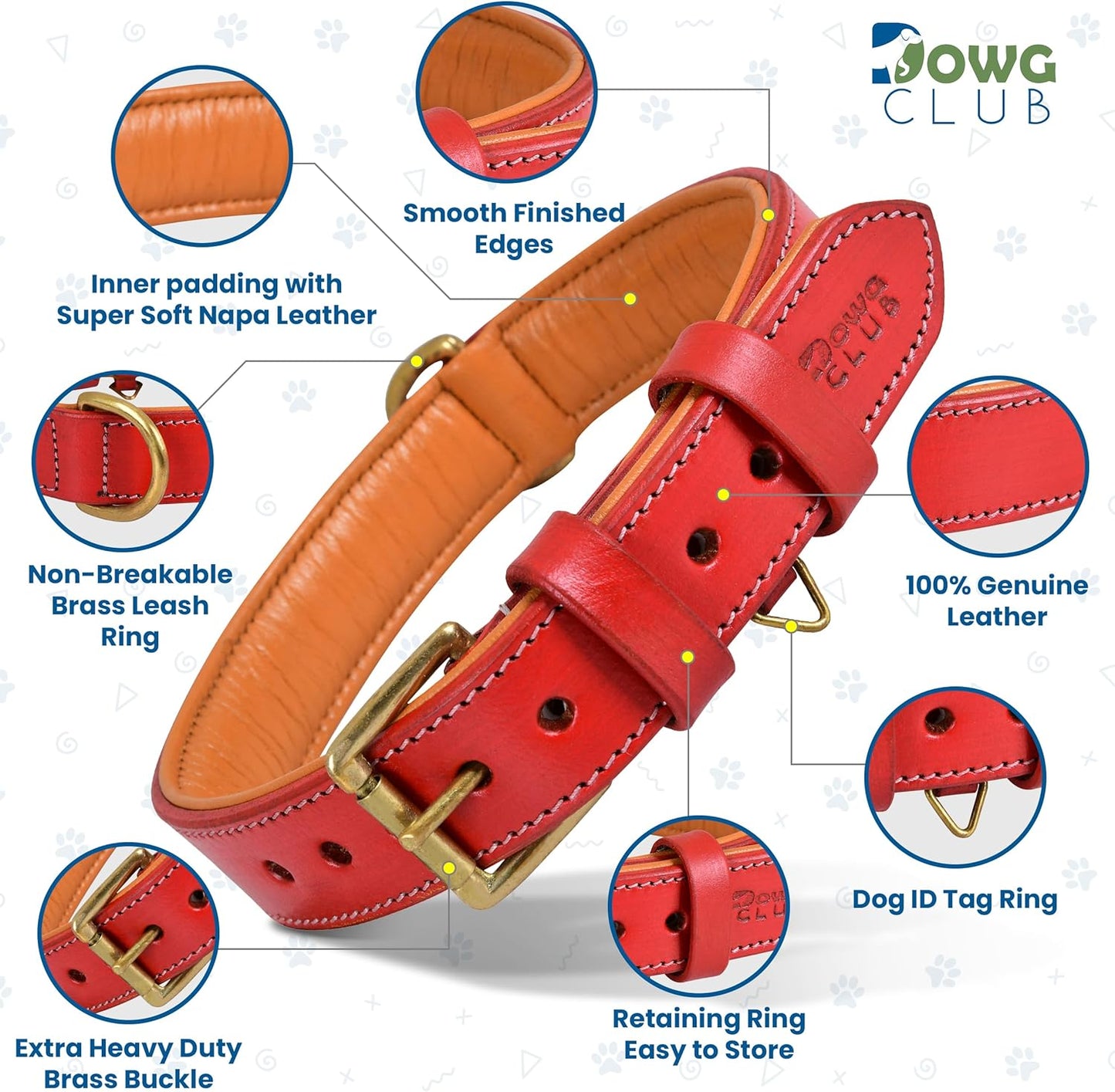 DowgClub | Genuine Leather Dog Collar | Full Grain, Heavy Duty | Comfortable, Strong | Best for Pups, Small, Medium & Large Breeds | Pink, Brown, Black, Tan