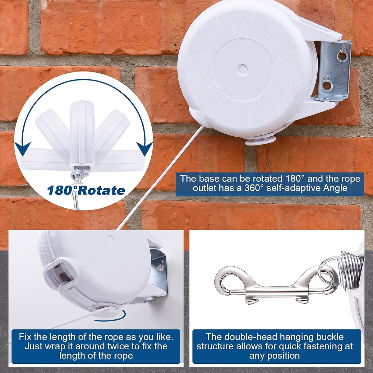 Retractable Dog Tie Out Reel Wall Mounted, White, 49ft