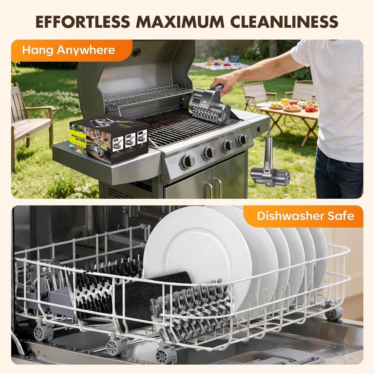 Amzany Cordless Electric Grill Brush — Rechargeable BBQ Cleaner with 3 Replaceable Heads, 2-Speed Powerful Motor, 150-Min Runtime, LED Light for Charcoal, Pellet Grills & Griddles