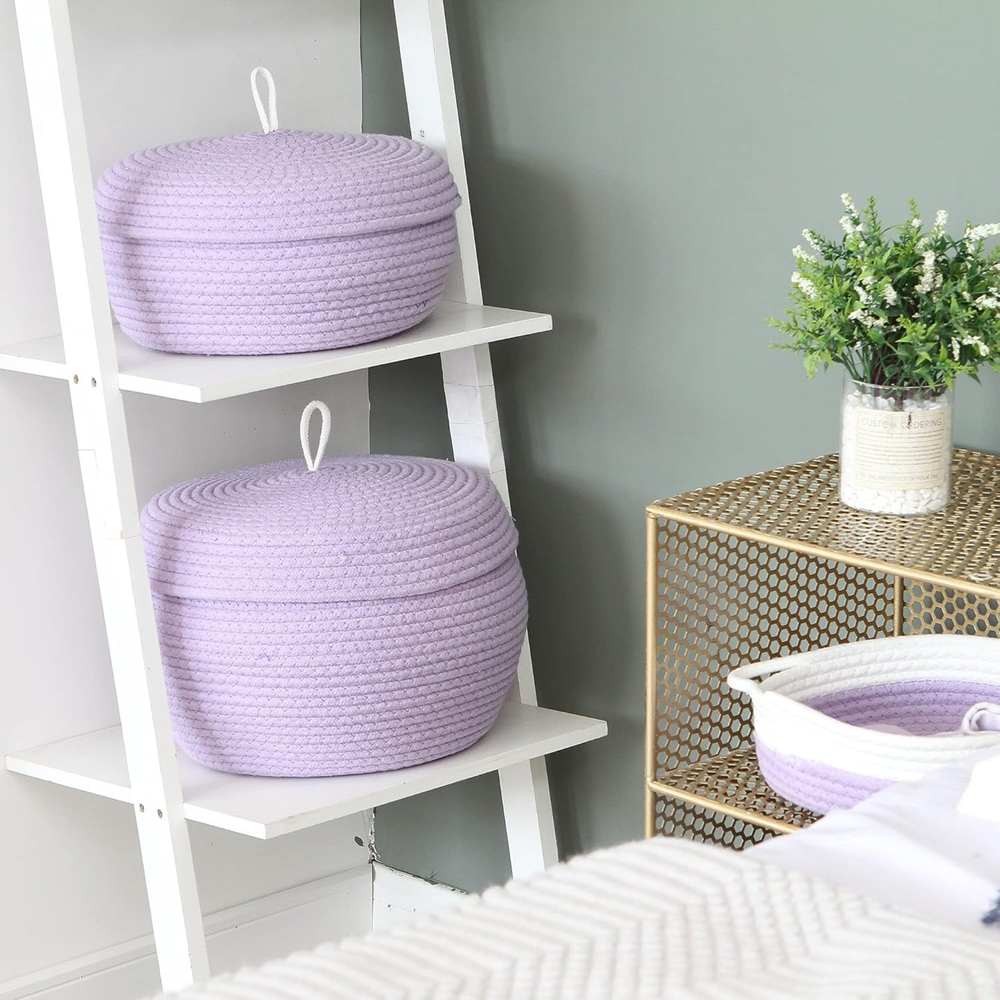 Sea Team Round Cotton Rope Storage Basket with Lid, Decorative Woven Storage Bin, Pot, Caddy, Organizer, Container for Snacks, Towels, Plants (Grey, Small)