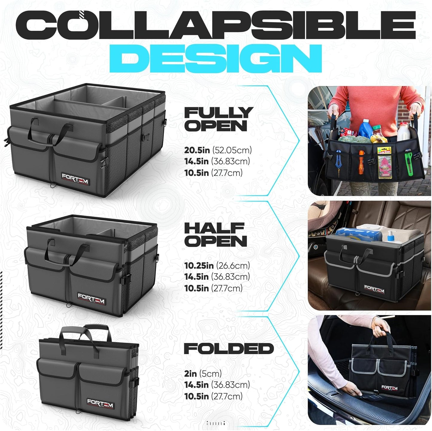 FORTEM Car Trunk Organizer, Collapsible Multi Compartment Car Organizer, Foldable SUV Storage for Car Accessories for Women Men, Non Slip Bottom, Securing Straps, Soft Cover 50L (Black, Standard)