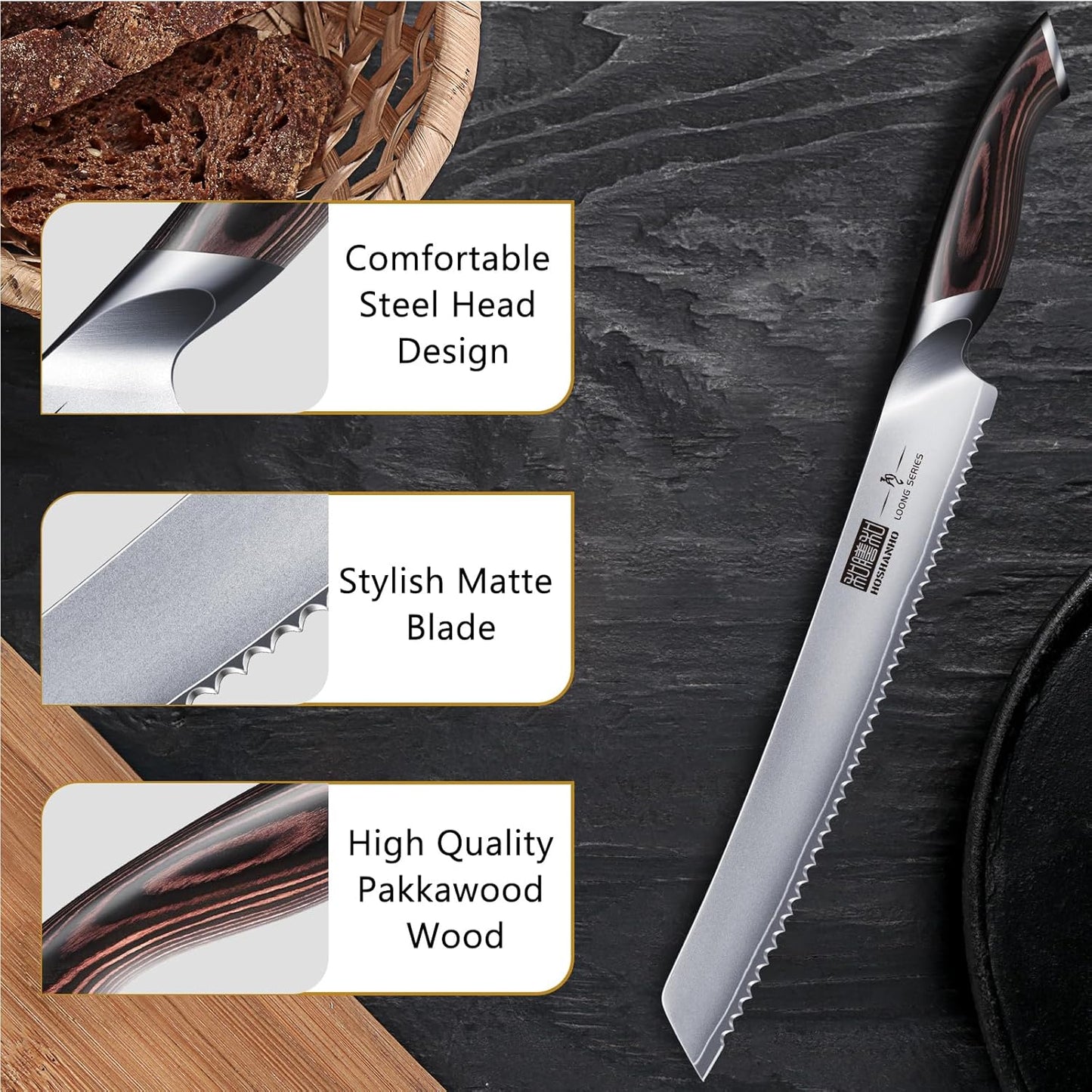 HOSHANHO Bread Knife 10 inch, Japanese High Carbon Stainless Steel Serrated Bread Knife, Professional Bread Cutting Knife for Homemade Bread