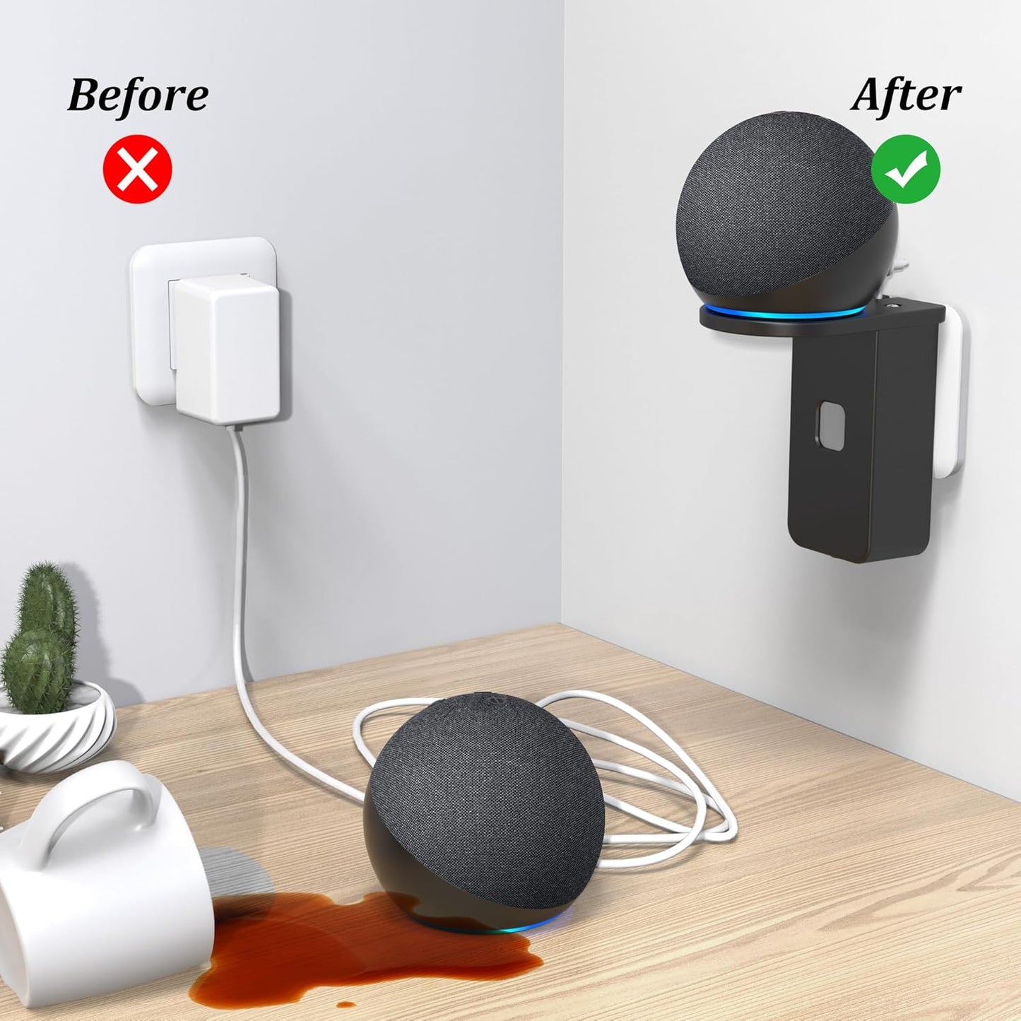 PlusAcc Wall Mount for Dot 5th & Dot 4th Gen & Pop & Google Nest Mini - Upgraded Alexa Dot 5th/Dot 4th Gen Outlet Holder Stand Shelf Accessories with Cable Management, No Drilling Required (White)