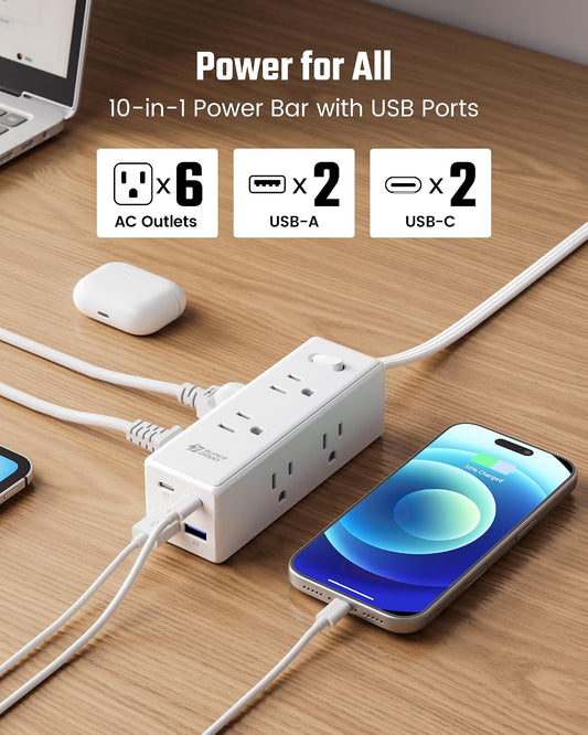 10 Ft Extension Cord, Surge Protector Power Bar with 6 Outlets & 4USB Ports (2 USB 2 C), Mountable Flat Plug Power Strip, Surge Protection for Home, Office, Dorm
