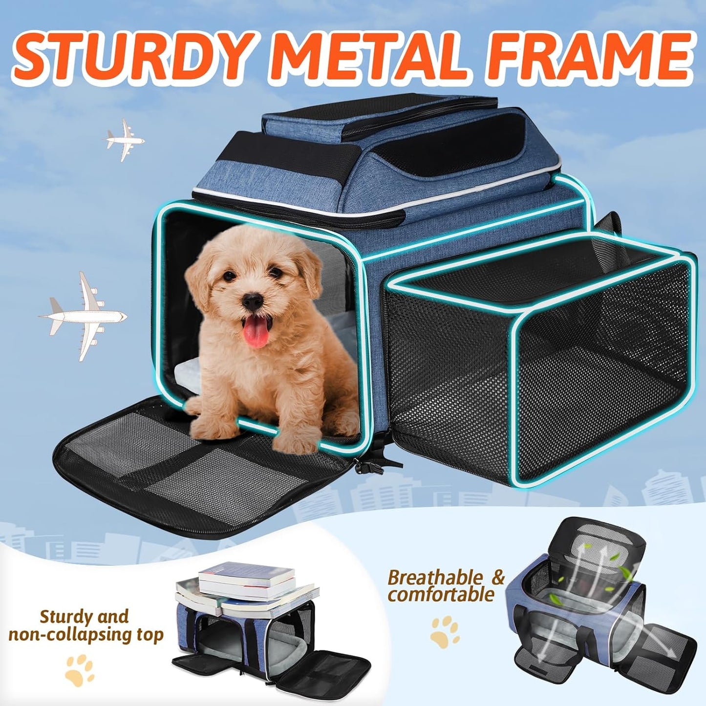 Petskd Top and Side Expandable Pet Carrier 17x12x8.5 Inches JetBlue Frontier Spirit Airline Approved, Soft-Sided Carrier for Small Cats and Dogs with Locking Safety Zipper and Anti-Scratch Mesh(Black)