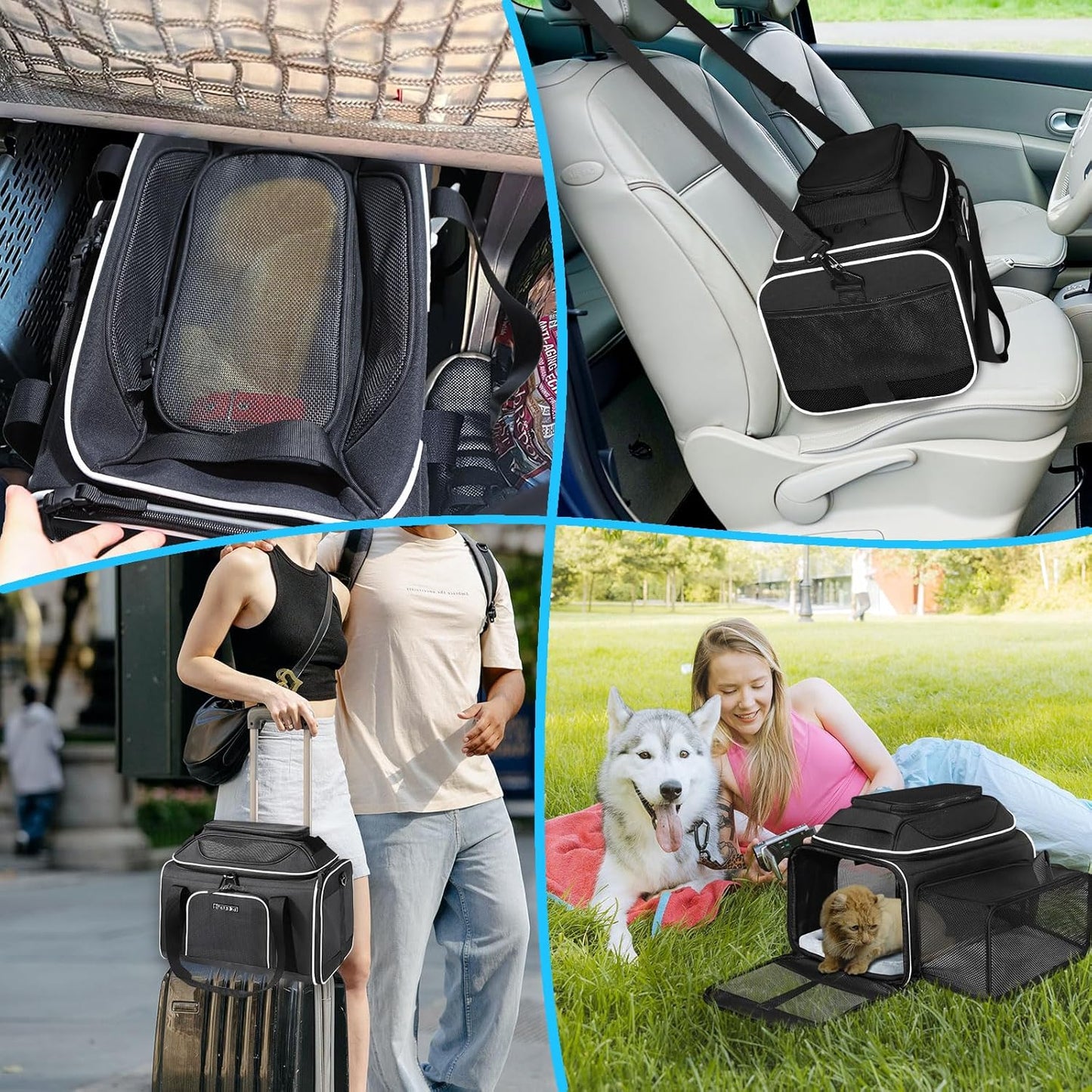 Petskd Top and Side Expandable Pet Carrier 17x12x8.5 Inches JetBlue Frontier Spirit Airline Approved, Soft-Sided Carrier for Small Cats and Dogs with Locking Safety Zipper and Anti-Scratch Mesh(Black)