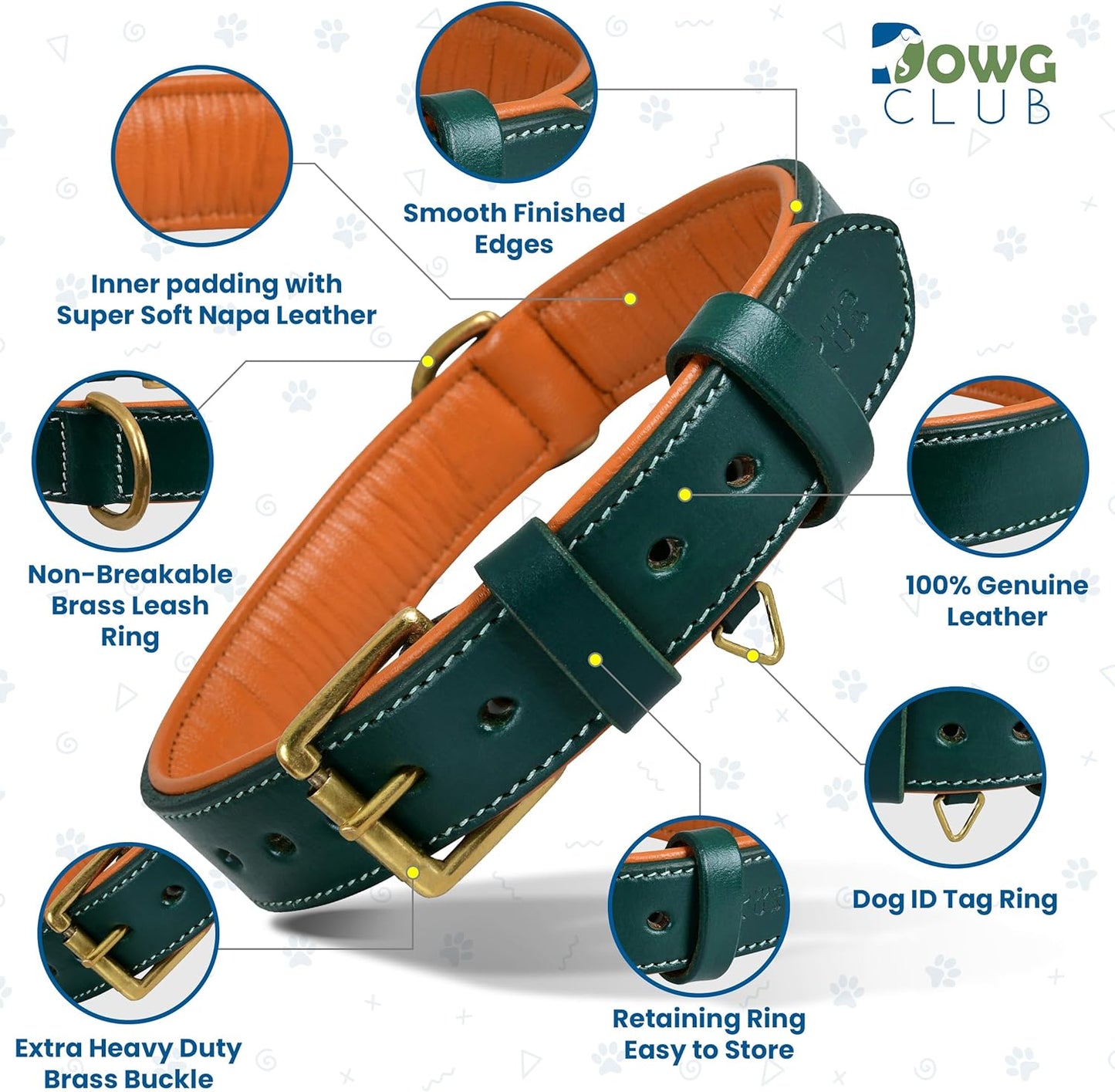 DowgClub | Genuine Leather Dog Collar | Full Grain, Heavy Duty | Comfortable, Strong | Best for Pups, Small, Medium & Large Breeds | Pink, Brown, Black, Tan