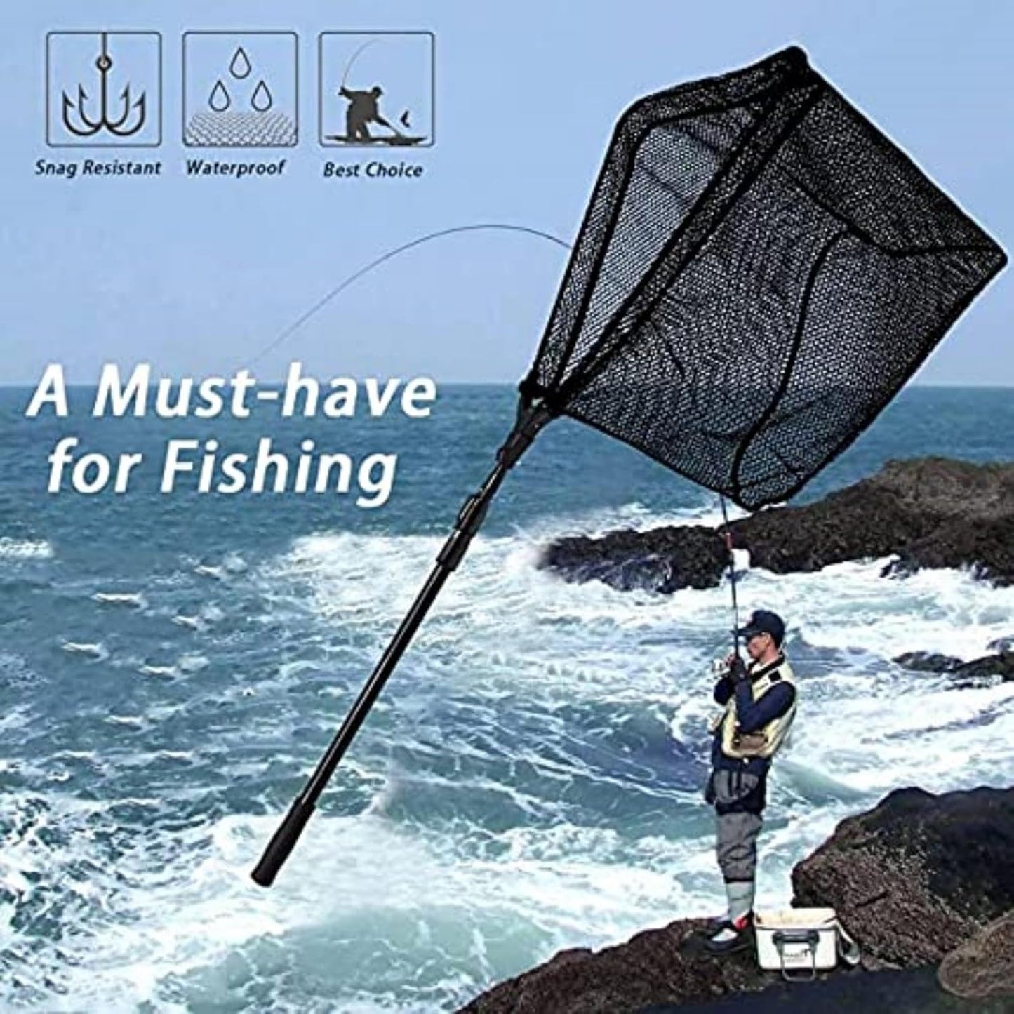 SAN LIKE Fishing Net Telescopic Landing Nets Folding Rubber Fish Net Rubber Coated Landing Net with Adjustable Sturdy Pole Handle for Saltwater Freshwater Bass Trout Fishing Easy Catch & Release