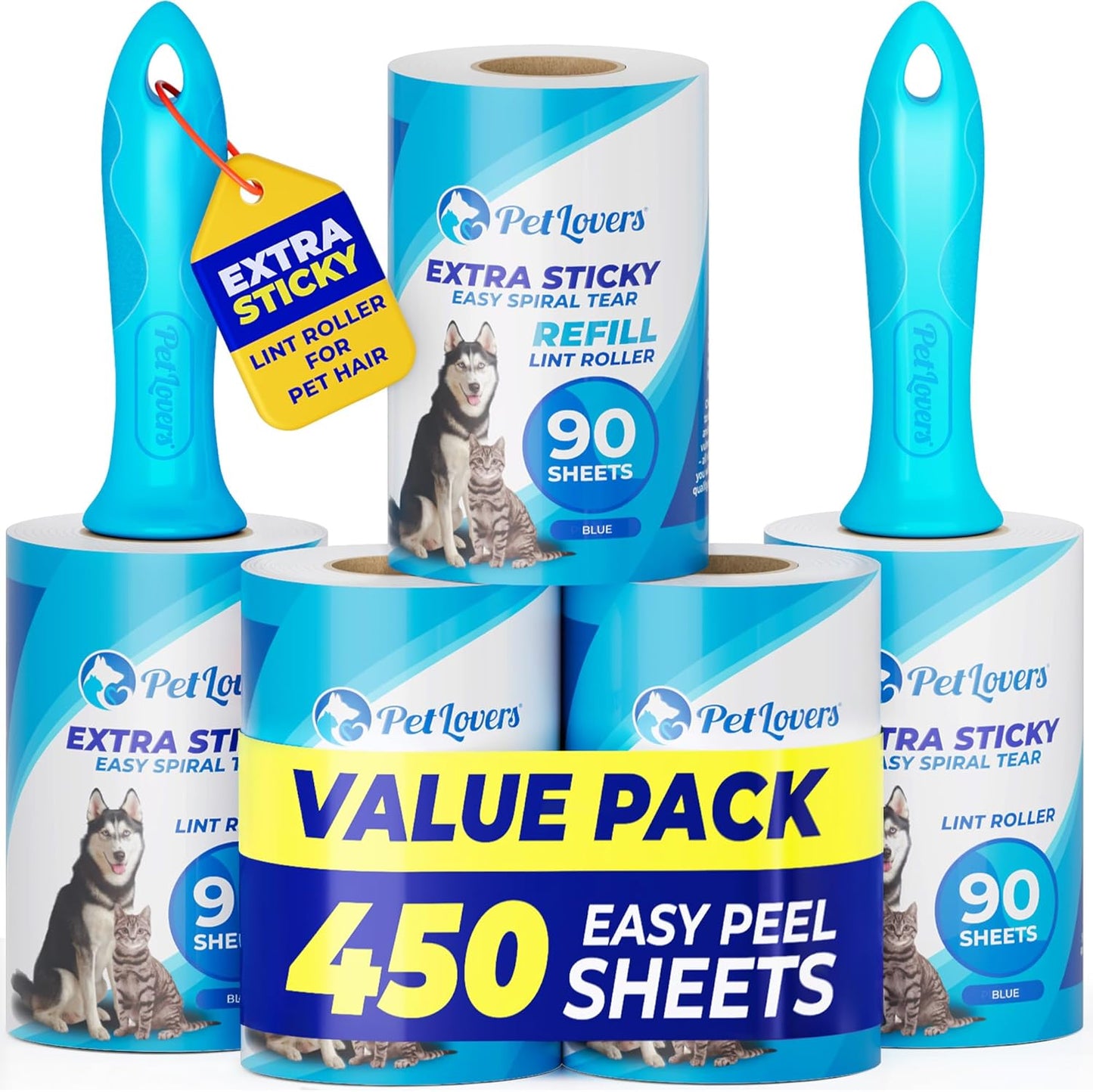 PetLovers Extra Sticky Lint Roller Mega Value Set for Pet Hair Removal, Dog and Cat Lint Remover (1 Pack Reusable)
