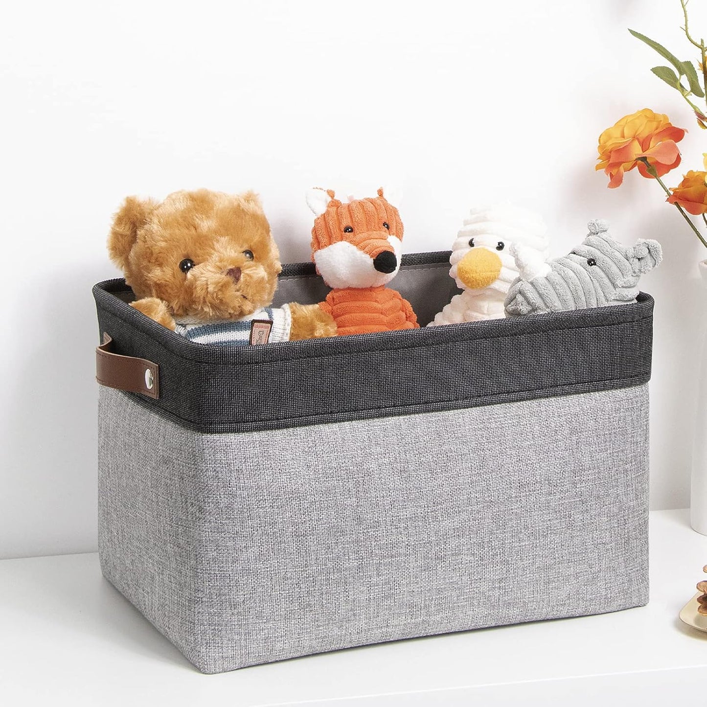 DULLEMELO Storage Baskets for Shelves, Fabric Collapsible Rectangular Storage Bins for Shelves, Closets, Nursery, Home, Office, Empty Gift Baskets (White&Teal)