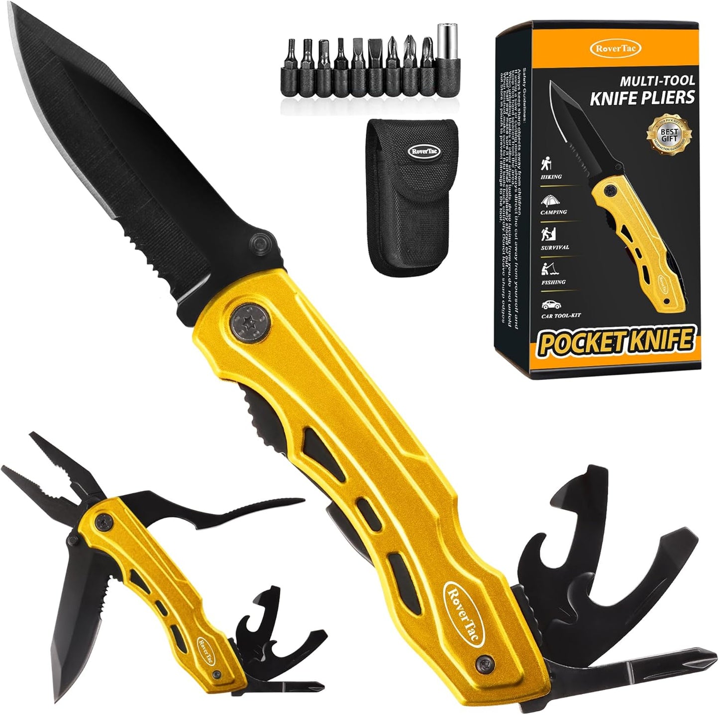 RoverTac Pocket Knife Tactical Folding Knife Multi Tool Survival Camping Knife, Multitool Knife Pliers Bottle & Can Opener 9-Pack Screwdrivers Liner Lock Nylon Sheath, Pocket Knife for Camping Hiking