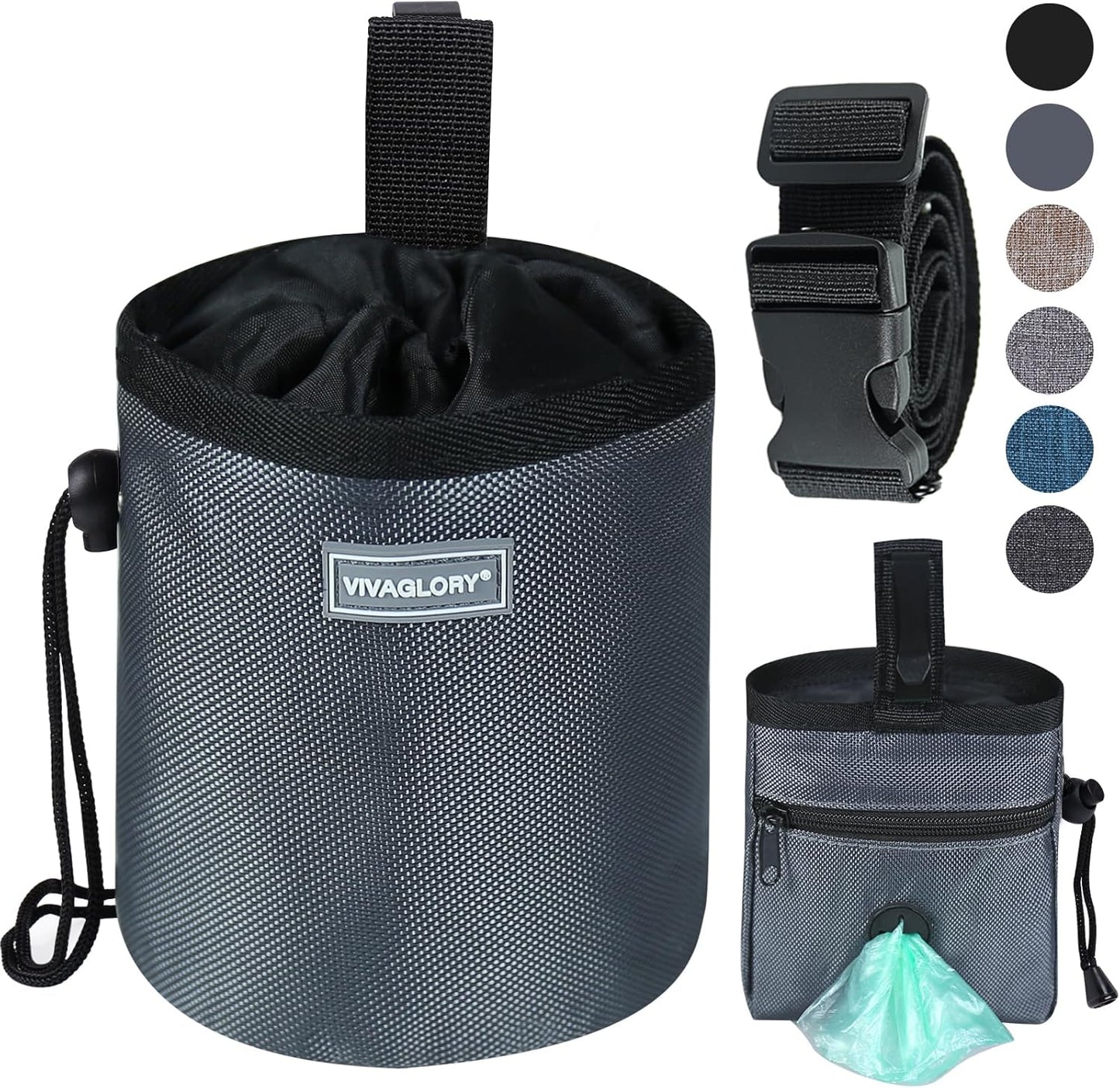 VIVAGLORY Dog Treat Bags, Puppy Pet Dog Training Treats Pouch Hands-Free 2 Ways to Wear with Adjustable Waistband and Built-in Dog Waste Bag Dispenser, Heather Black