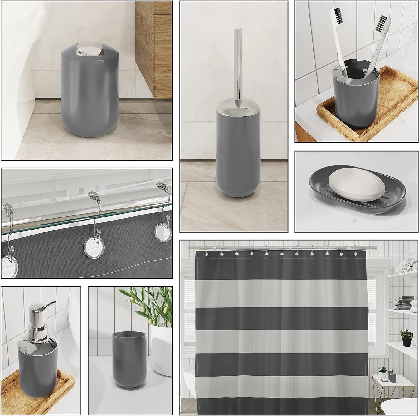 Clara Clark Bathroom Set - Gray Bathroom Accessories Set, Bathroom Sets with Shower Curtain and Rugs, 23PC Shower Curtain Set with Liner, Soap Dispenser, Soap Dish, Toilet Brush Holder, and Trash Can
