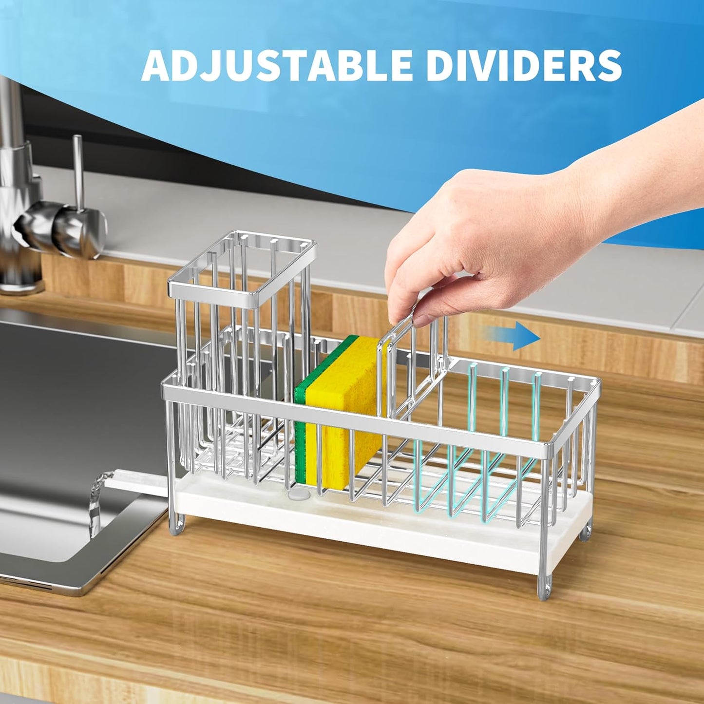 Cisily Sponge Holder for Kitchen Sink, Sink Caddy with High Brush Holder, Organzier Rustproof 304 Stainless Steel Dish Organizer Divider, Soap Dispenser Storage (Black)