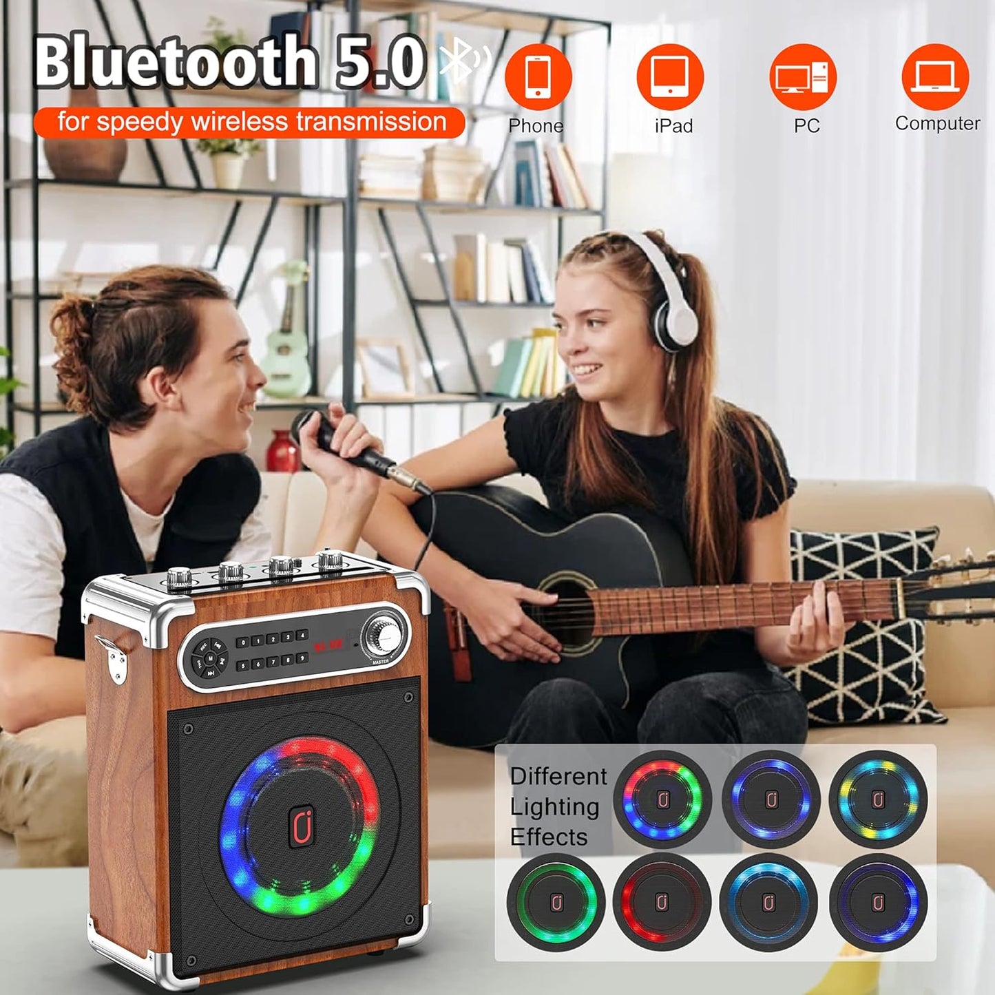 JYX Karaoke Machine with Two Wireless Microphones, Portable Bluetooth Speaker with Bass/Treble Adjustment, Remote Control and LED Lights, Supports TF Card/USB, AUX in, FM, REC for Party