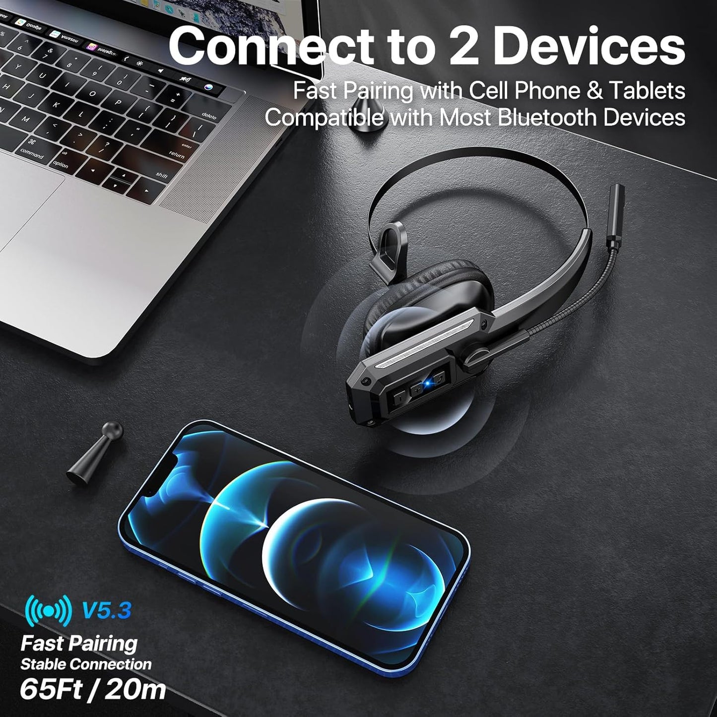 Bluetooth Headset, Trucker Bluetooth Headset with Noise Cancelling Microphone & Mute Button, 60Hrs Working Time, Wireless On Ear Headphones with Mic for Work/Cellphone/Laptop/Office - Black