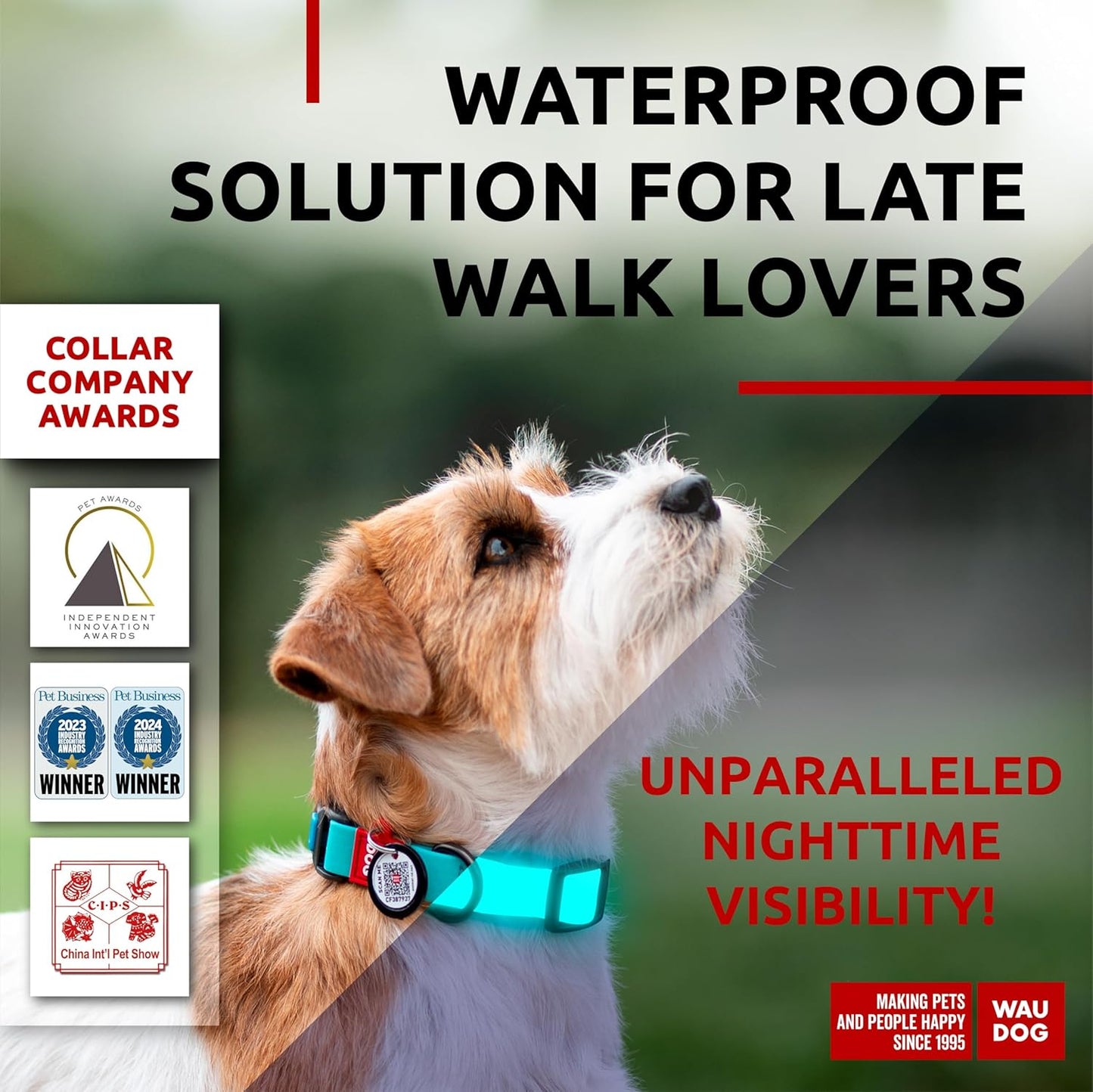 Waterproof Dog Collar - Adjustable Glow Dog Collar for Large Dogs, Small and Medium Dogs - Heavy Duty Dog Collars with Durable Metal Clasp and QR Dog Tag - Glow in The Dark Dog Collars