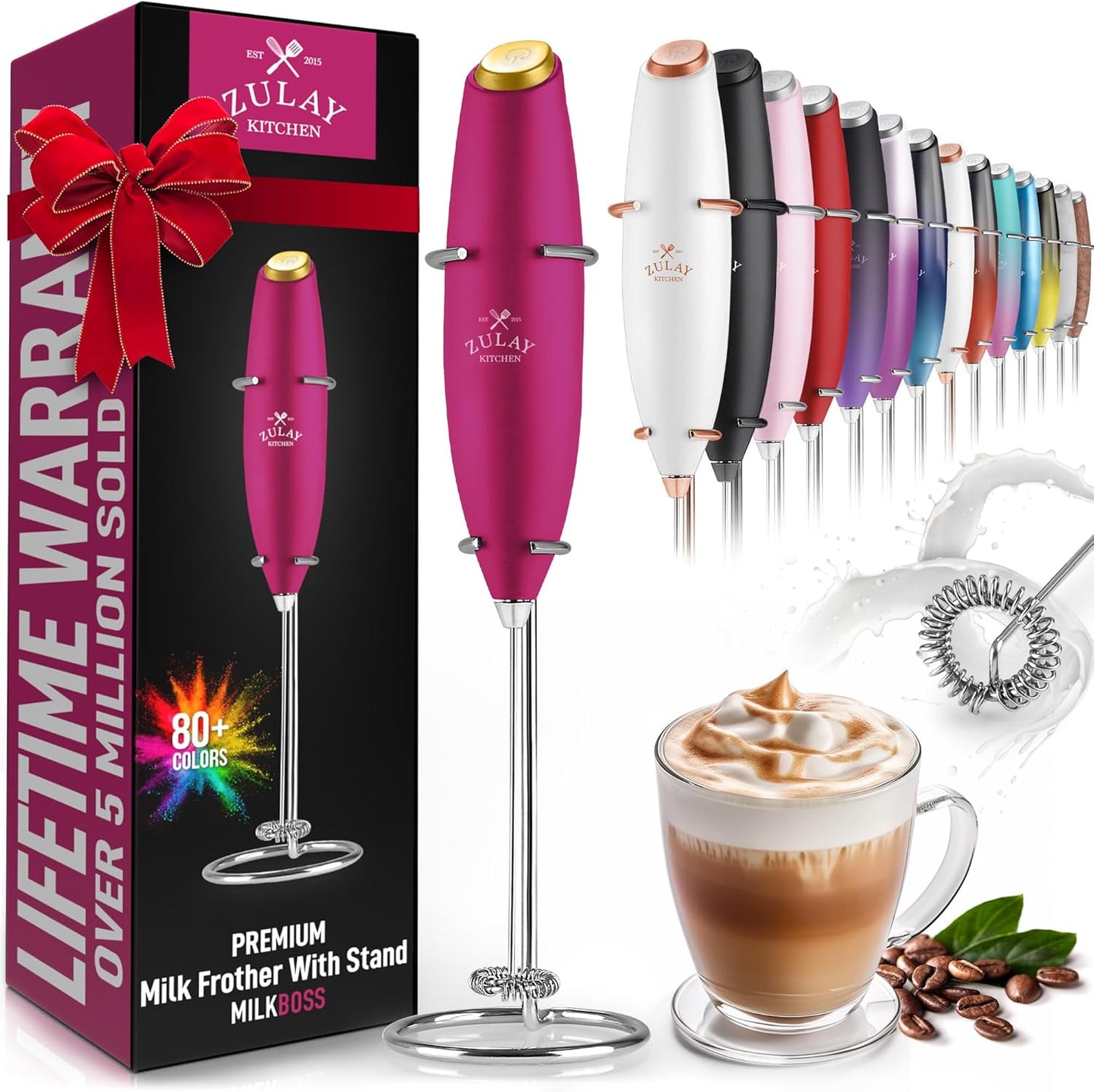 Zulay Kitchen Powerful Double Whisk Milk Frother Handheld - Foam Maker with Stand - Whisk Drink Mixer for Coffee, Mini Foamer for Latte, Matcha, Frappe, Hot Chocolate & Cappuccino (Black)