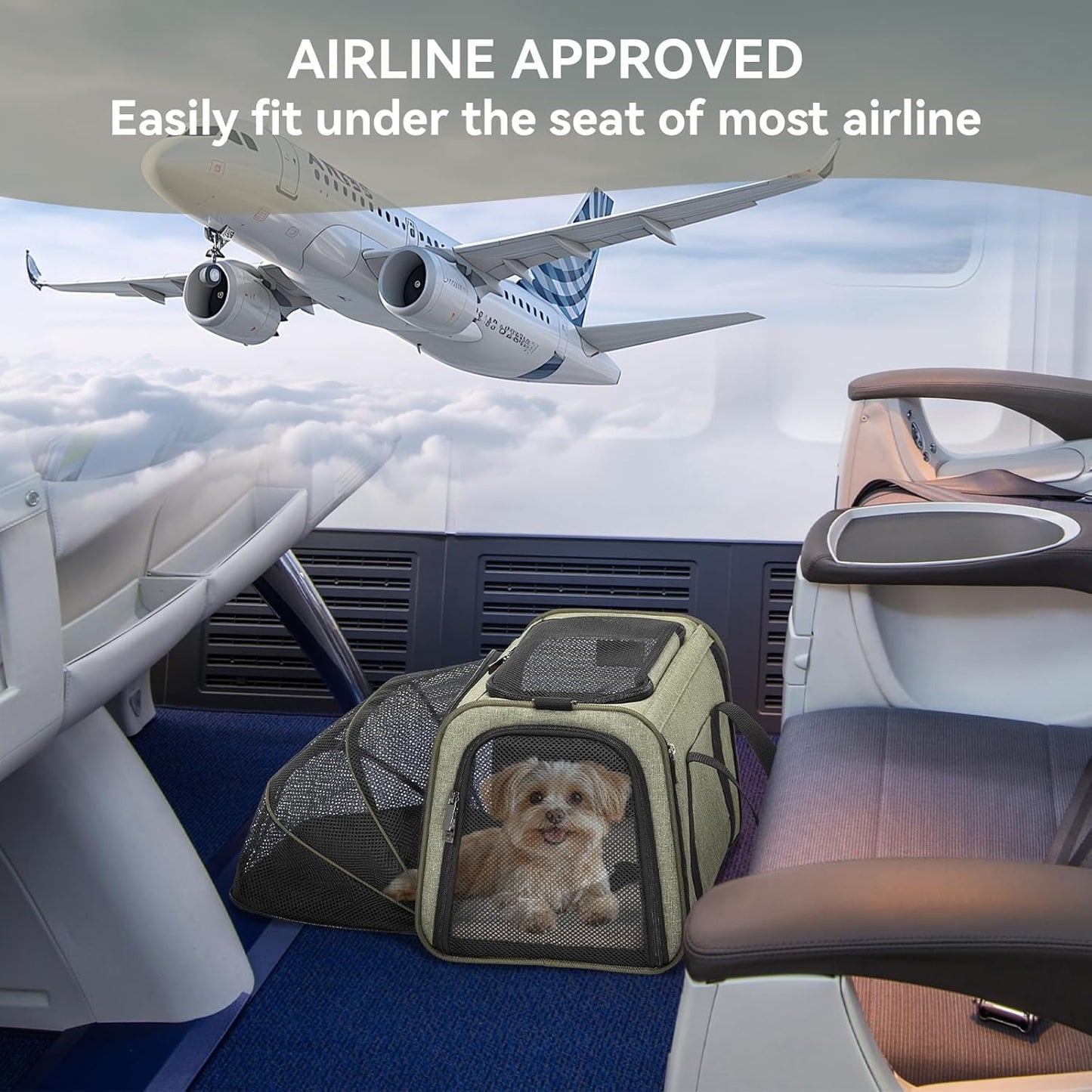 Petsfit Expandable Cat Dog Carrier Airline Approved, 17" L x 11" W x 11" H Soft-Sided Portable Pet Travel Carrier for Kitten, Puppy, Removable Soft Plush Mat and Pockets, Auto-Locking Zippers