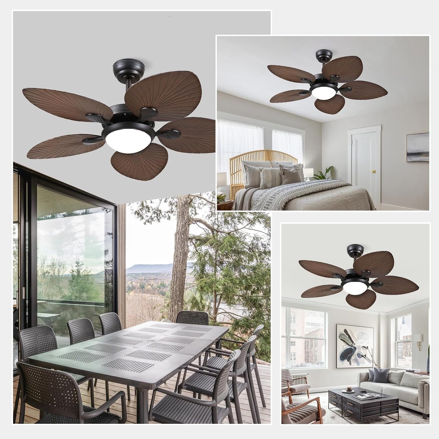 Wiviniya Ceiling Fans with Lights and Remote/APP Control, 44 Inch Tropical Palm Leaf Ceiling Fan with LED Lights, Outdoor Ceiling Fans for Patios Porch, Reversible Quiet Motor, Dimmable, Light Brown