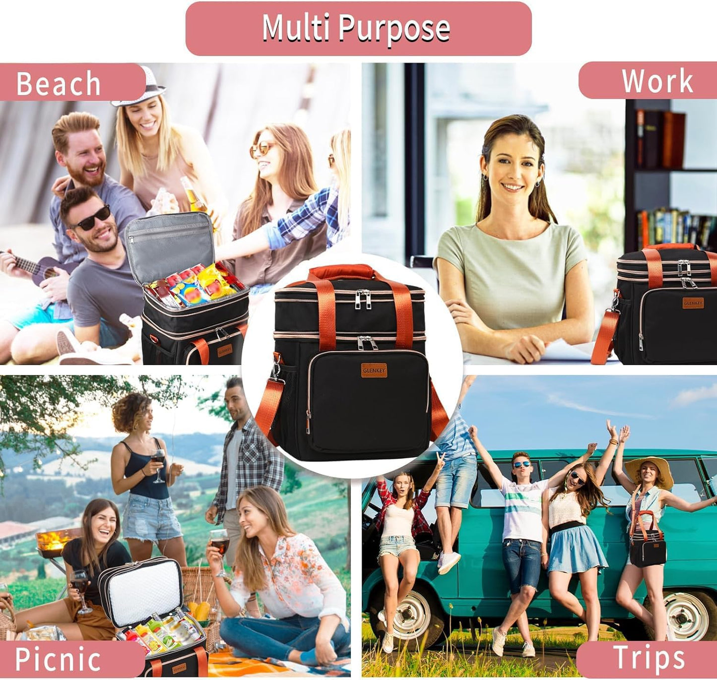 Expandable Large Lunch Bag, Double Deck Insulated Lunch Box Leakproof Durable Soft Cooler Bag for Men Women Adults Work Construction Beach Picnic Daytrip,16L,Black, GLENKEY