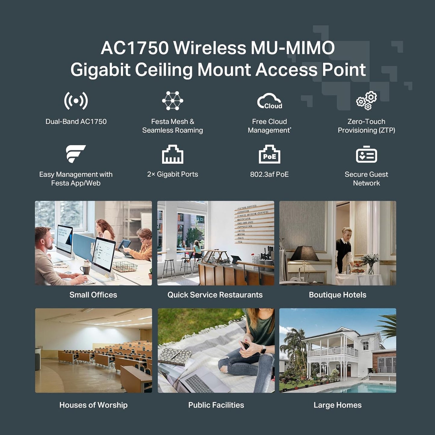 TP-Link Omada AC1750 Gigabit Wireless Access Point (EAP245 V3) - Business WiFi Solution w/Mesh Support, Seamless Roaming & MU-MIMO, PoE Powered, SDN Integrated, Cloud Access & Omada App, White