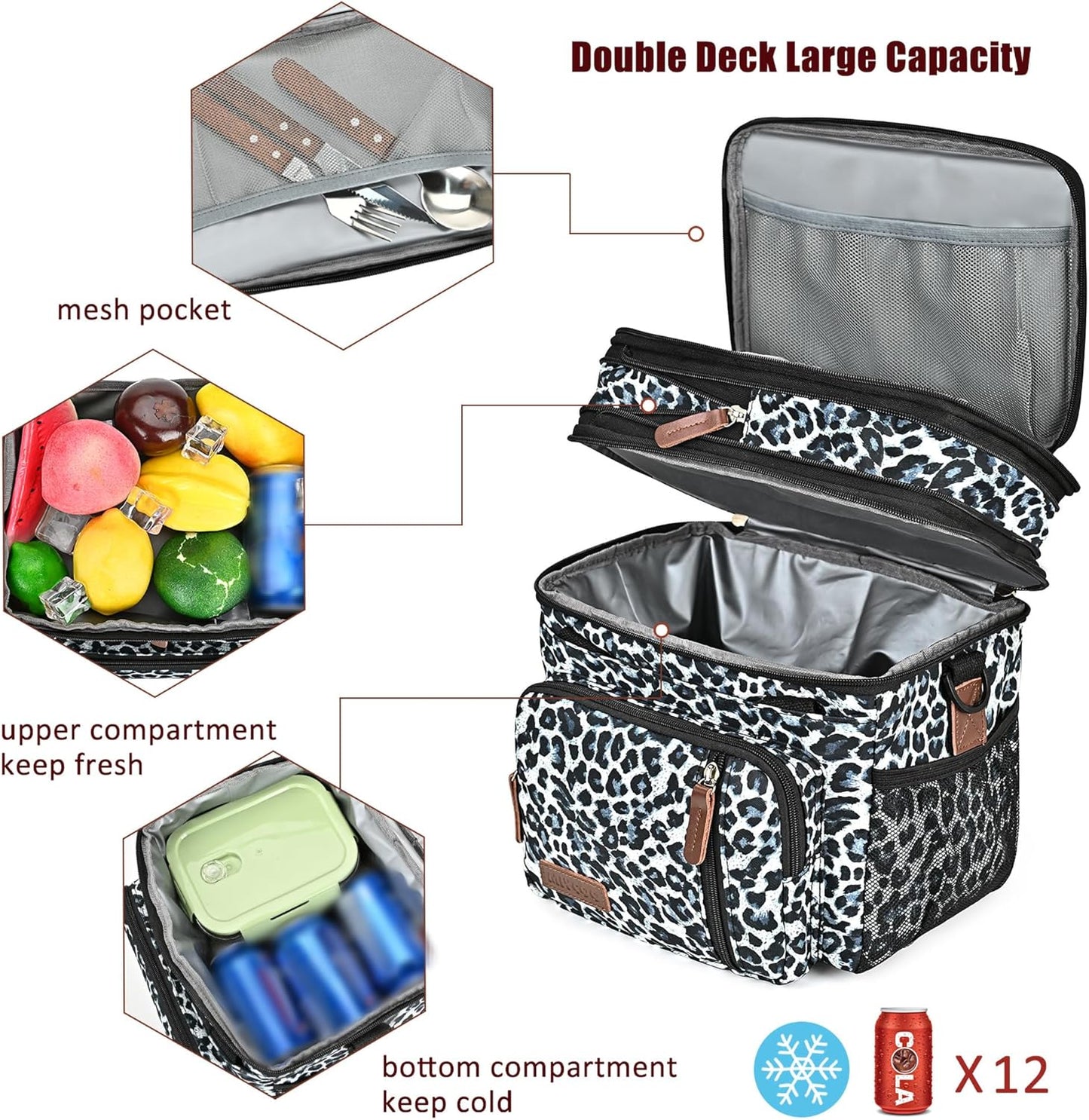Lunch Bag for Women Men Double Deck Lunch Box - Leakproof Insulated Soft Large Lunch Cooler Bag, MIYCOO (Black,15L)