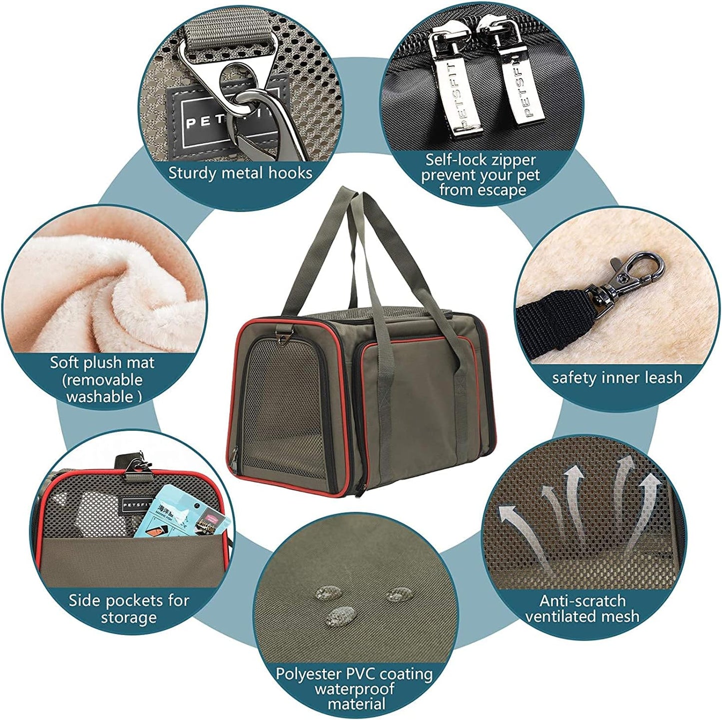 Petsfit Expandable Cat Dog Carrier Airline Approved, 17" L x 11" W x 11" H Soft-Sided Portable Pet Travel Carrier for Kitten, Puppy, Removable Soft Plush Mat and Pockets, Auto-Locking Zippers