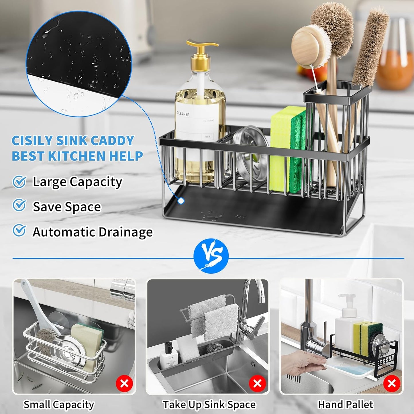 Cisily Kitchen Sink Caddy Organzier with High Brush Holder, Sponge Holder for Sink, 304 Rustproof Stainless, Kitchen Countertop Soap Dispenser Organizer, Kitchen Decor and Accessories (Black)