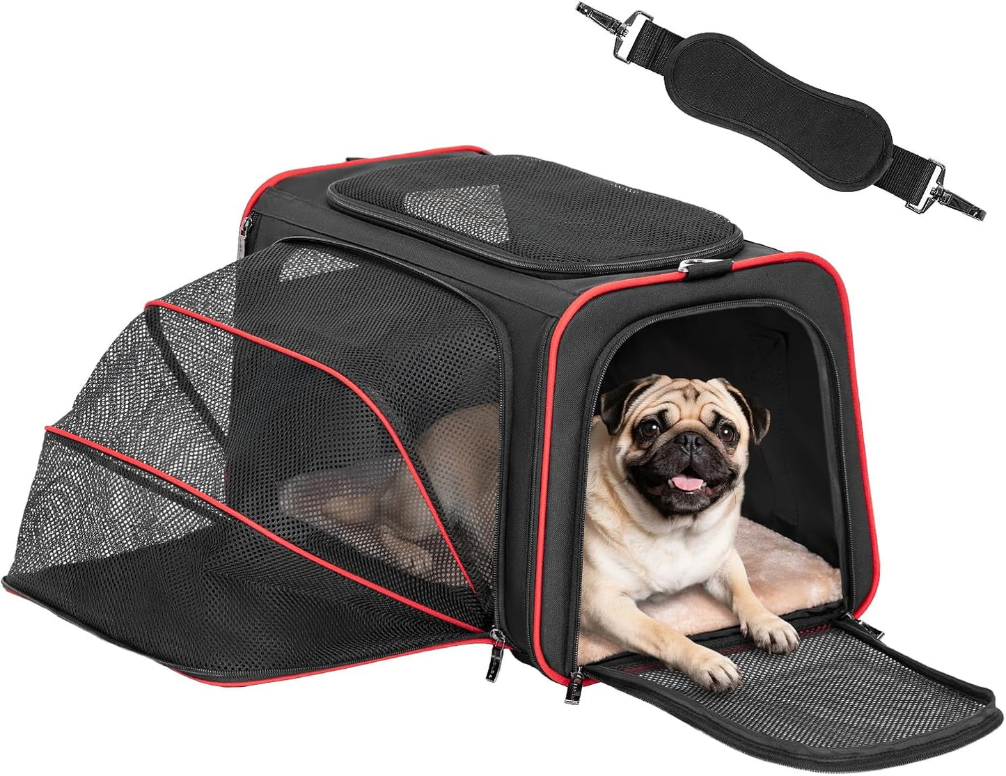 Petsfit Expandable Cat Dog Carrier Airline Approved, 17" L x 11" W x 11" H Soft-Sided Portable Pet Travel Carrier for Kitten, Puppy, Removable Soft Plush Mat and Pockets, Auto-Locking Zippers