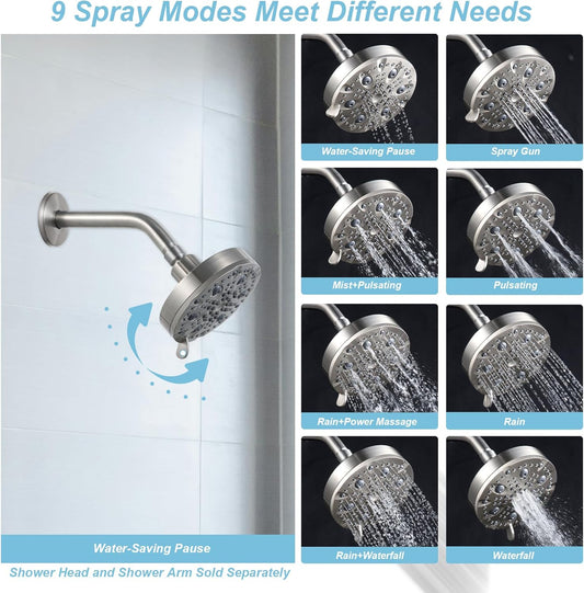 OFFO Shower Head, High Pressure Shower Head with Pause Mode, 9 Mode Fixed Showerheads for Strong Water Flow & Relaxing Shower Experience,Brushed Nickel - PuriLite