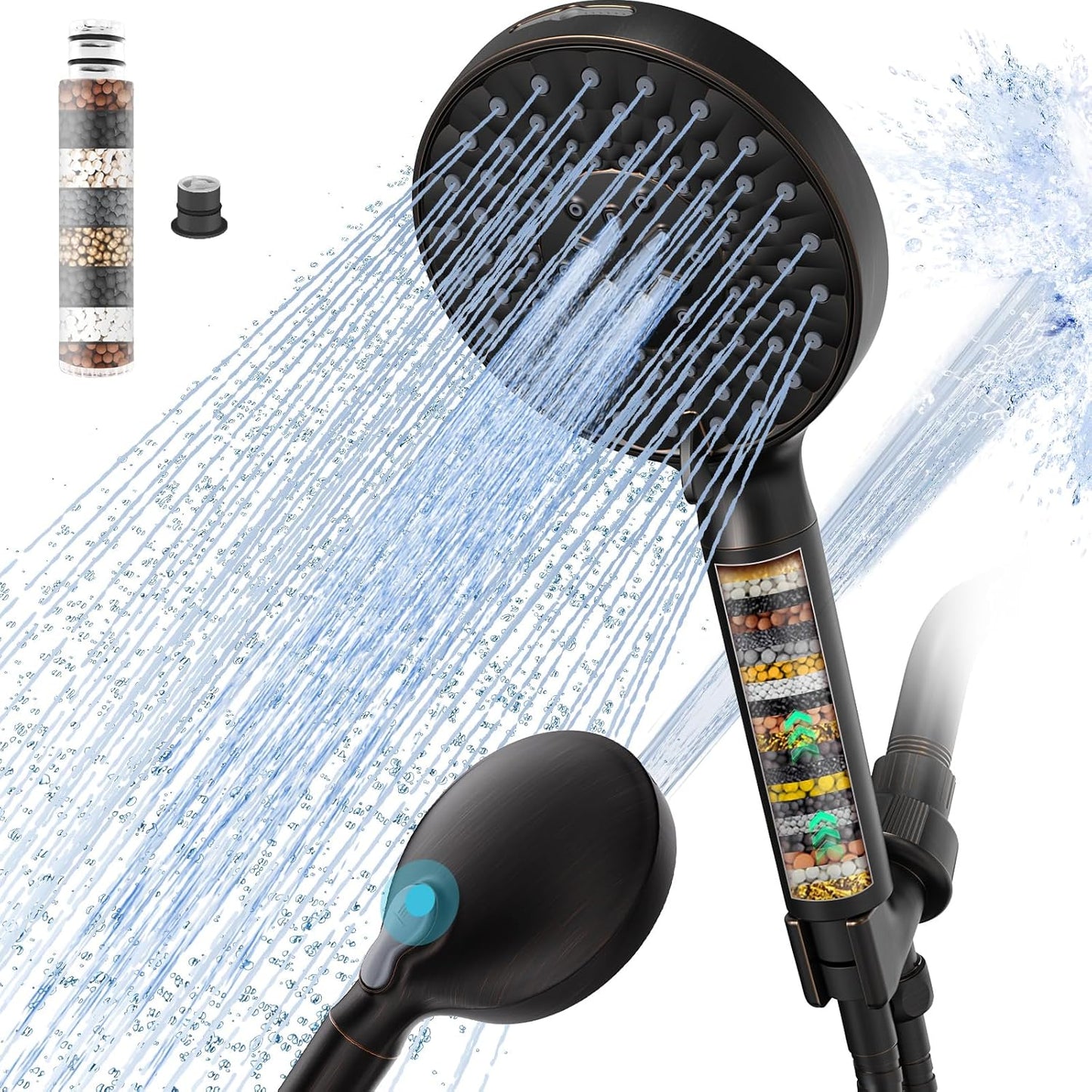 Filtered Shower Head with Handheld, High Pressure 9 Spray Mode Chrome Showerhead with Filters,Detachable Shower Head,Water Softener Filters Beads for Hard Water -Remove Chlorine