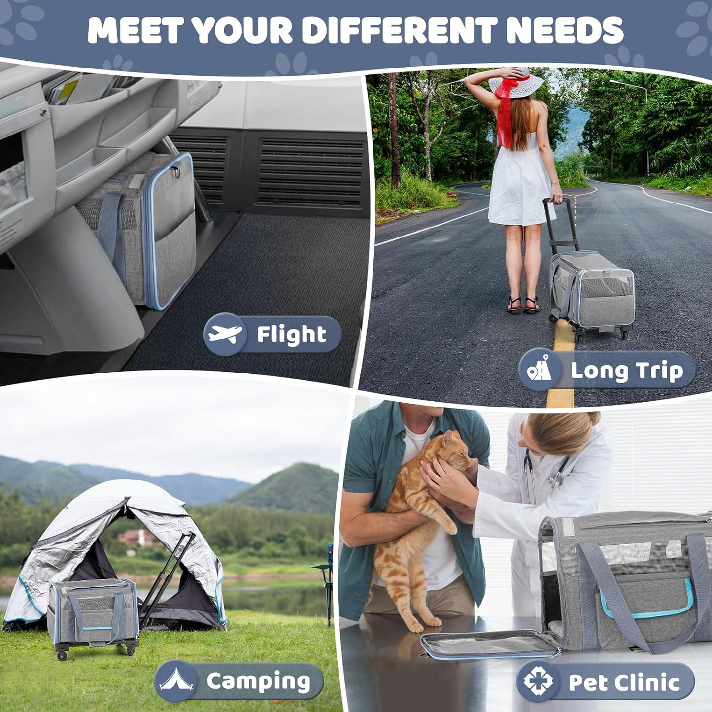 UNICITII Pets Carrier for Small Cat, Dog Medium Cats Puppies up to 20 Lbs, Airline Approved Carrier Soft Sided, Collapsible Travel Puppy Carrier (Grey-with Wheels)
