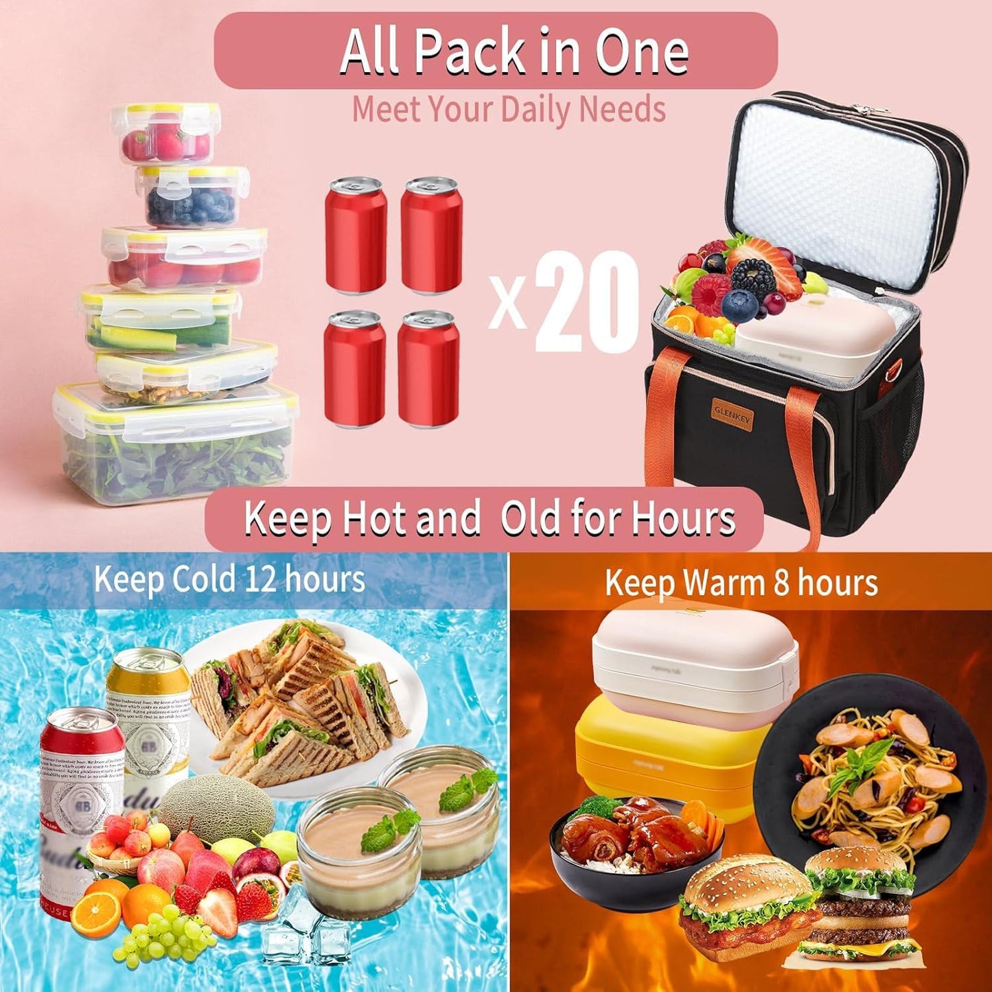 Expandable Large Lunch Bag, Double Deck Insulated Lunch Box Leakproof Durable Soft Cooler Bag for Men Women Adults Work Construction Beach Picnic Daytrip,16L,Black, GLENKEY