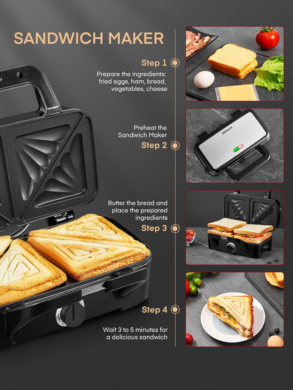 FOHERE 3-in-1 Waffle Maker, Sandwich Maker, Panini Press with Removable Plates, 5-Gear Temperature, LED Indicator Lights, Portable Handle, 1200W Belgian Electric Grill Cheese Machine