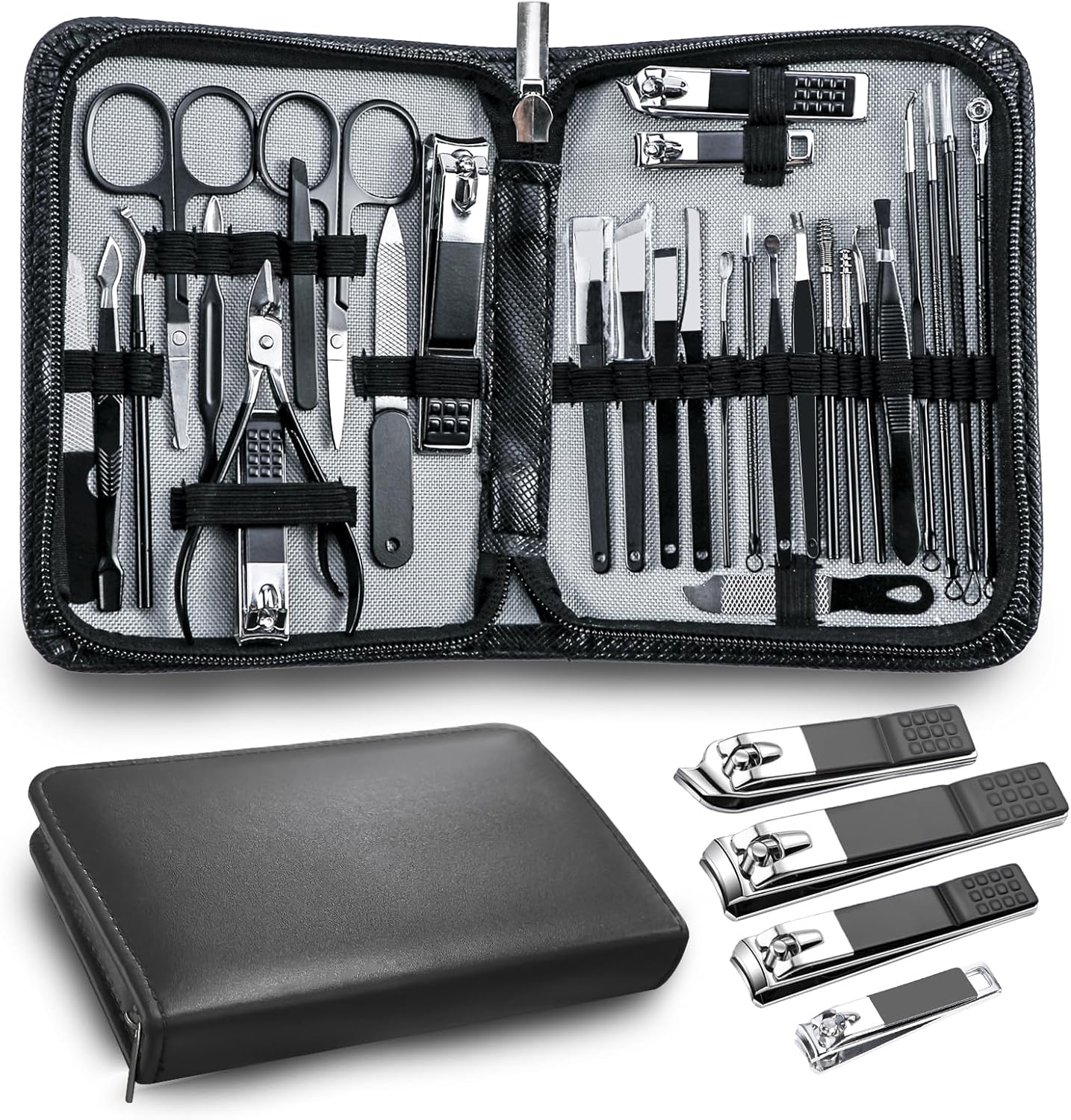 Manicure Set,30 in 1 Mens Set Professional,Nail Clipper for Men,Mens Nail Grooming Kit,Andrea Kit Women,Nail Care Women,with Luxury Leather Bag (Black)
